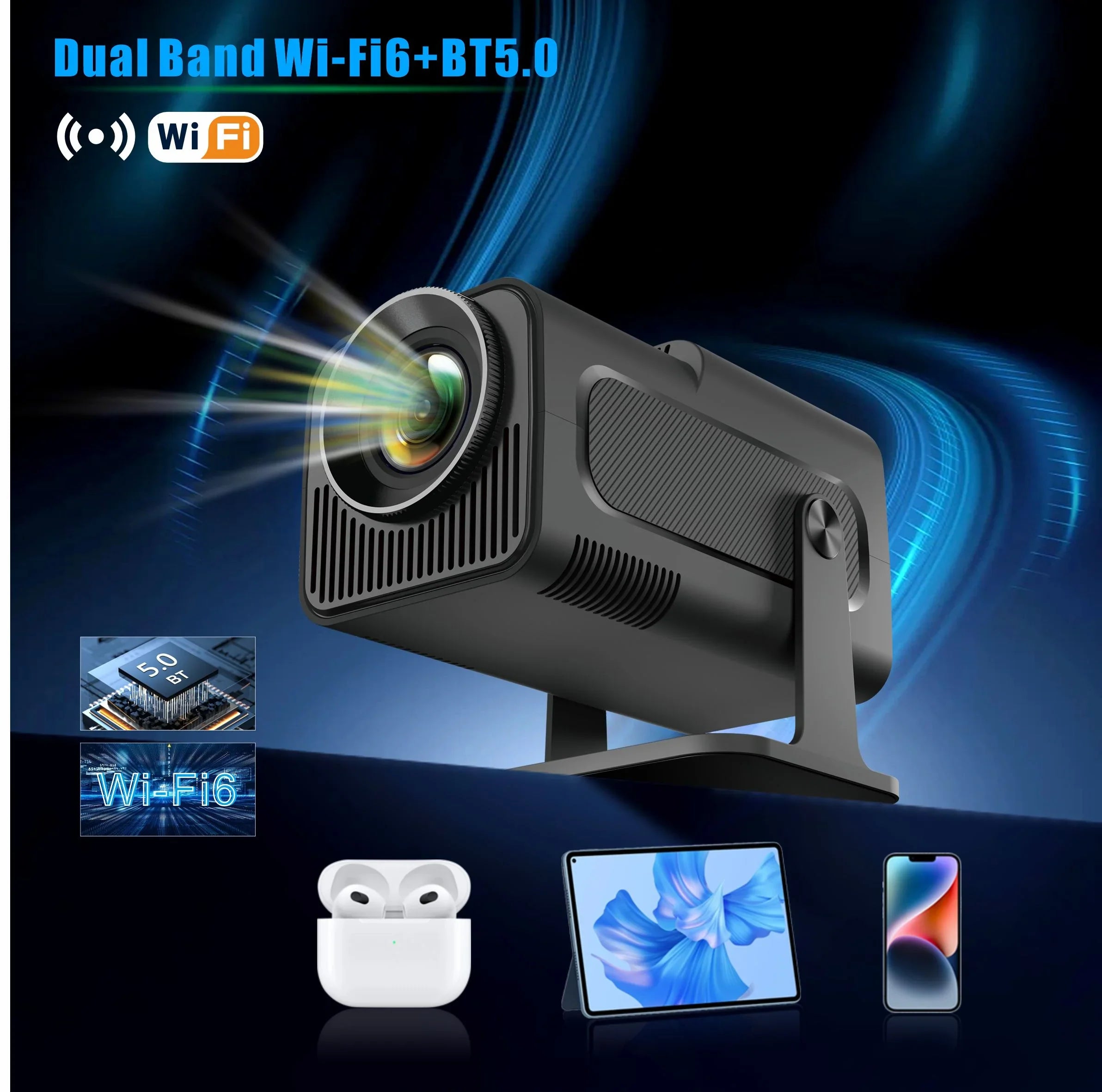 Yinzam HY320 Native 1080P Full HD Home Projector; 180 Rotating LED Android 11 5G WiFi 6 Bluetoth 5 Auto Keystone MAX 4K Projector