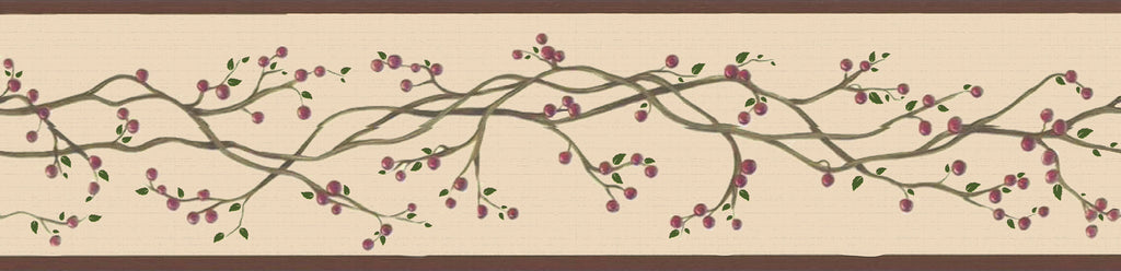 Dundee Deco Peel and Stick Wallpaper Border - Retro Red; Sepia Winterberries on Vine; 15 ft x 7 in