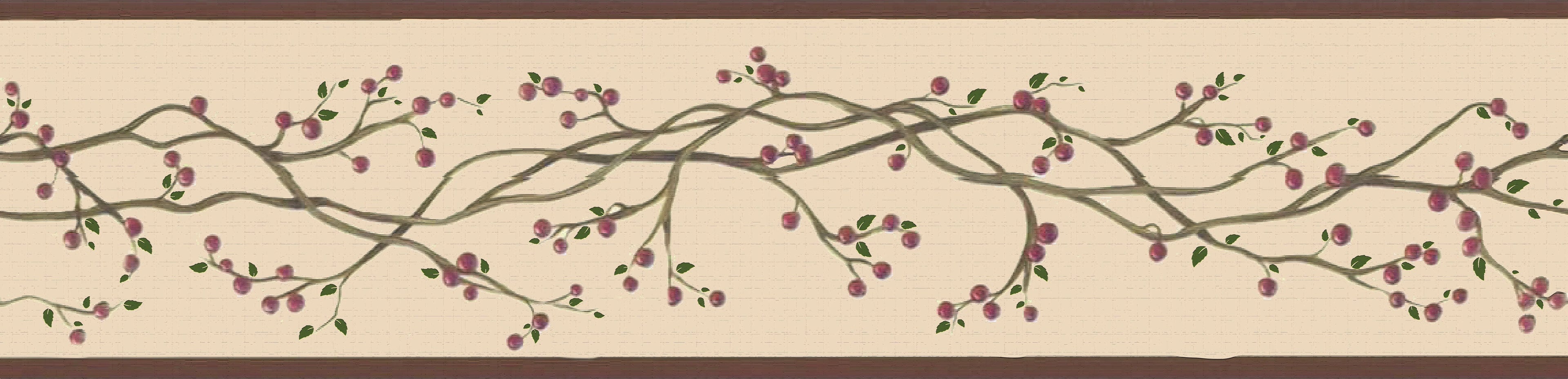Dundee Deco Peel and Stick Wallpaper Border - Retro Red; Sepia Winterberries on Vine; 15 ft x 7 in