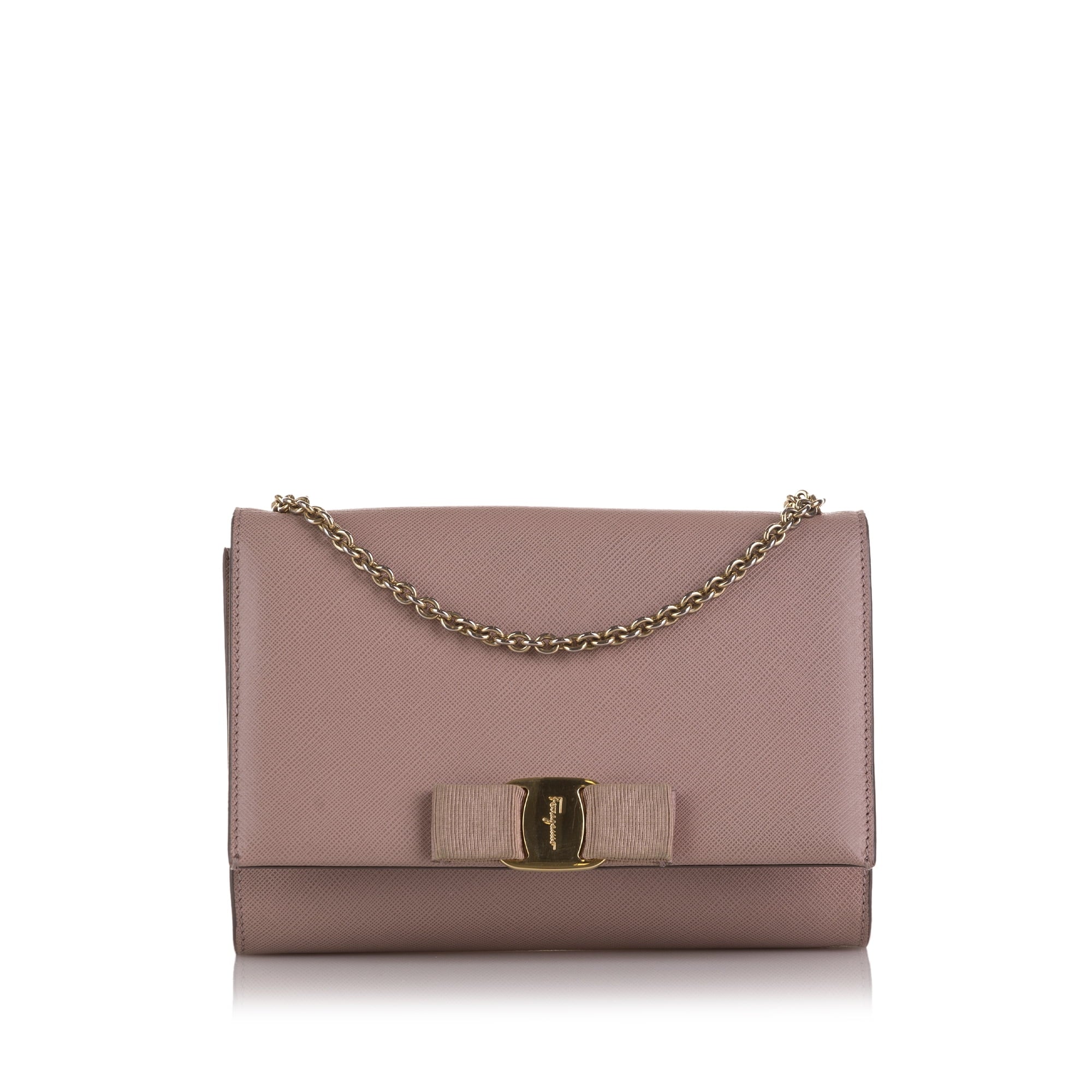 Pre-Owned Authenticated Ferragamo Small Vara Ginny Crossbody Calf Leather Pink Crossbody Bag Unisex (Good)