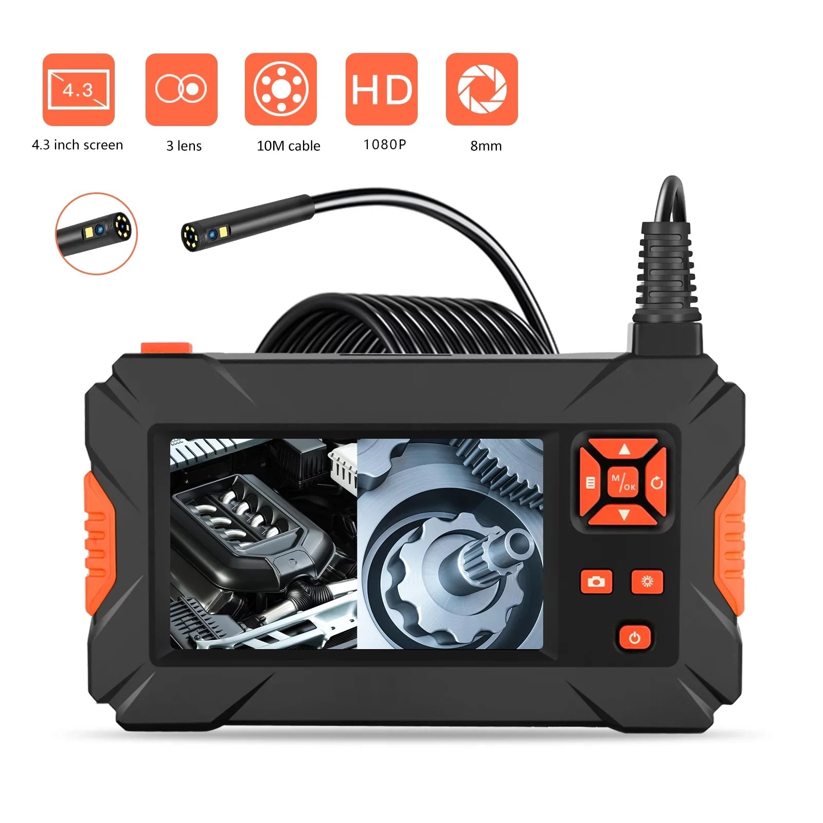 Pinnaco P130 Industrial Endoscope - Sewer Inspection Camera; Portable 4.3" Full-Color IPS Screen for Automobile Engine Maintenance