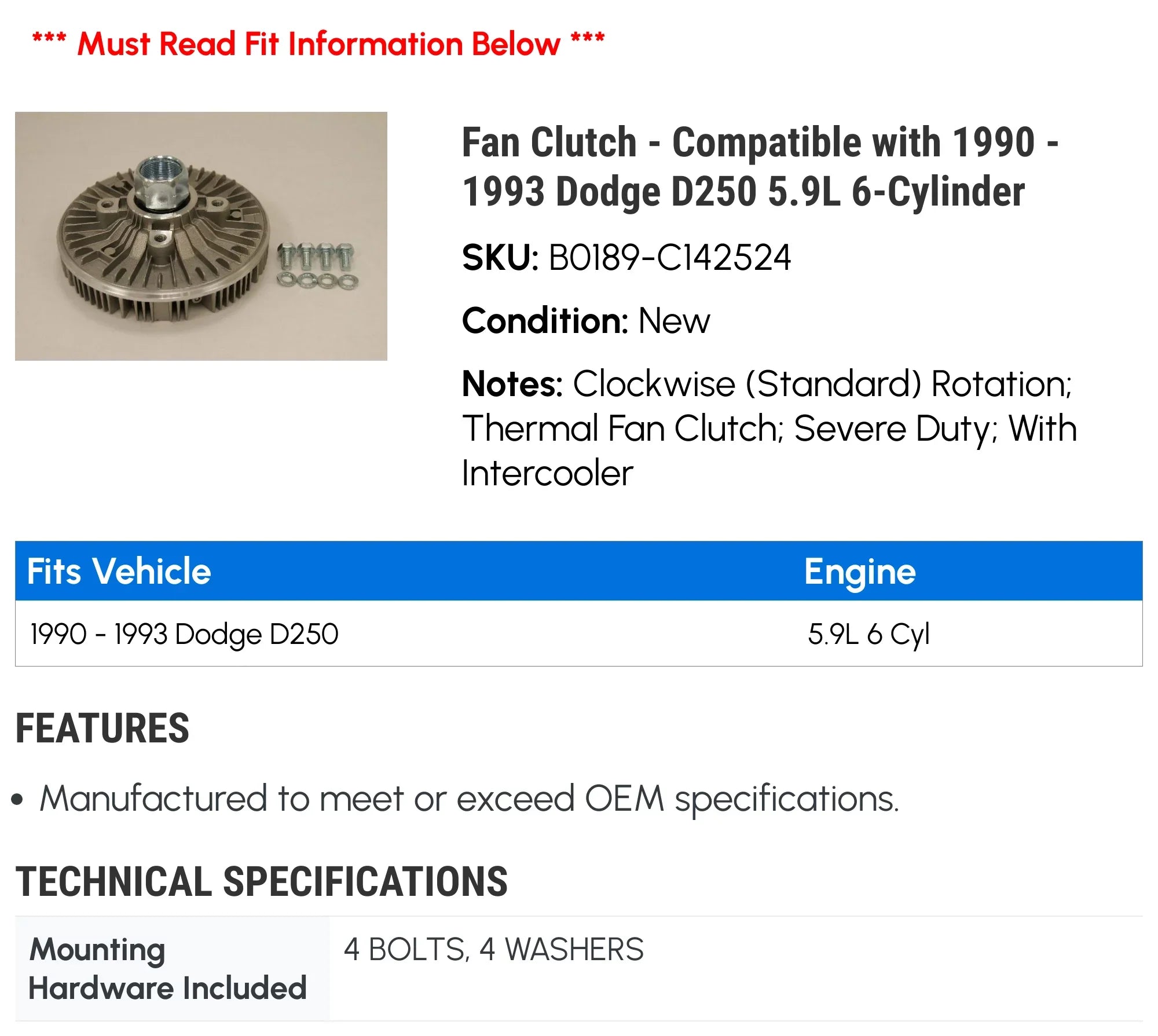 Exhaust Clutch - Compatible with 1990 - 1993 Dodge D250 5.9L 6-Cylinder 1991 1992