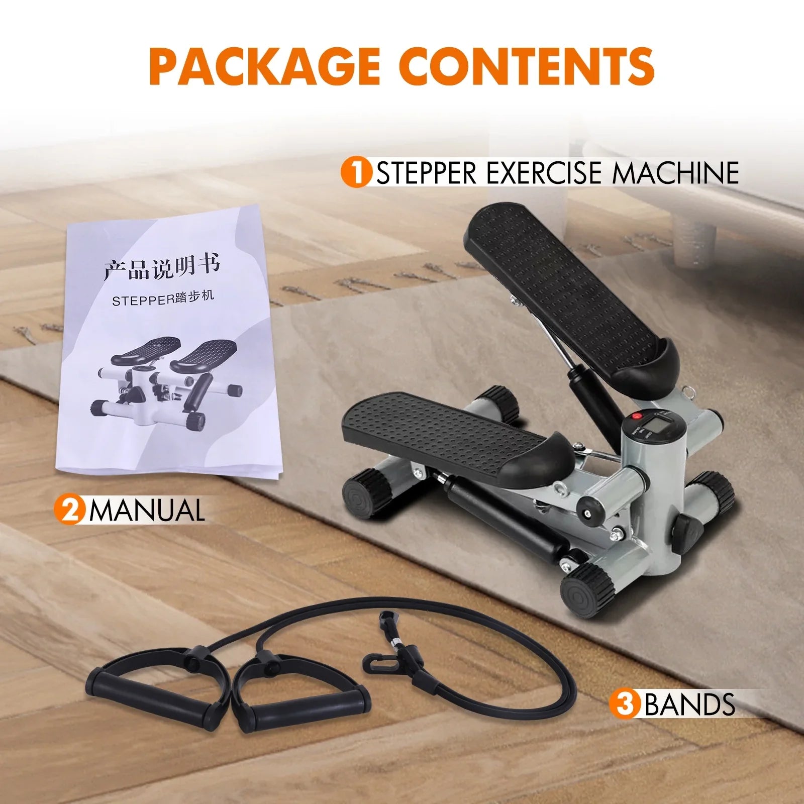 Stepper for Exercise; Stair Stepper Cardio Equipment with Resistance Bands; Mini Stepper Adjustable Stride Height Gray