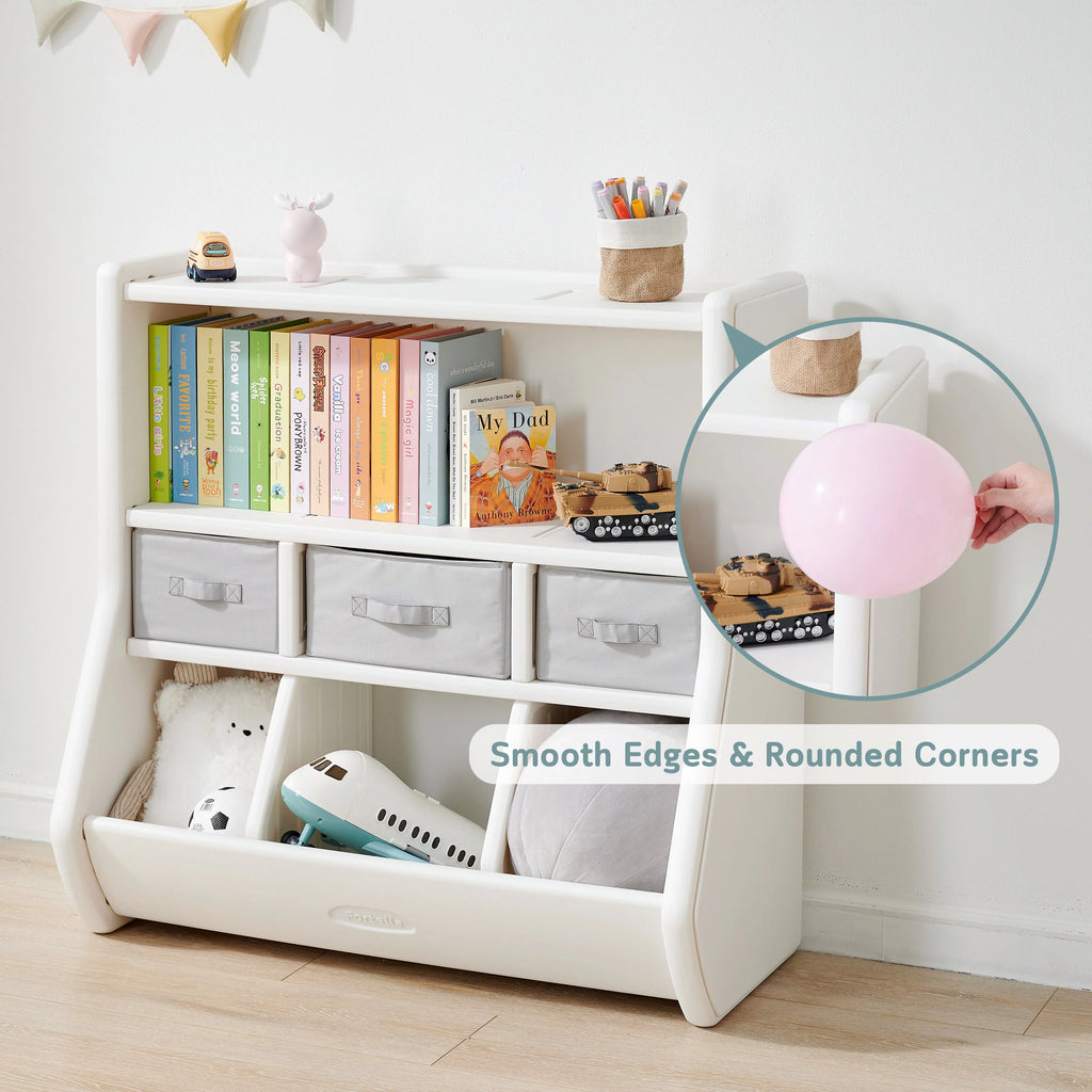 The Montessori Toy Storage Organizer by Fortella; with Bookshelf; Display Shelf; 3 Large Bins; and 3 Removable Drawers; Made of BPA and Formaldehyde FREE HDPE; Safe and Modern Toy Box Cabinet for Kids
