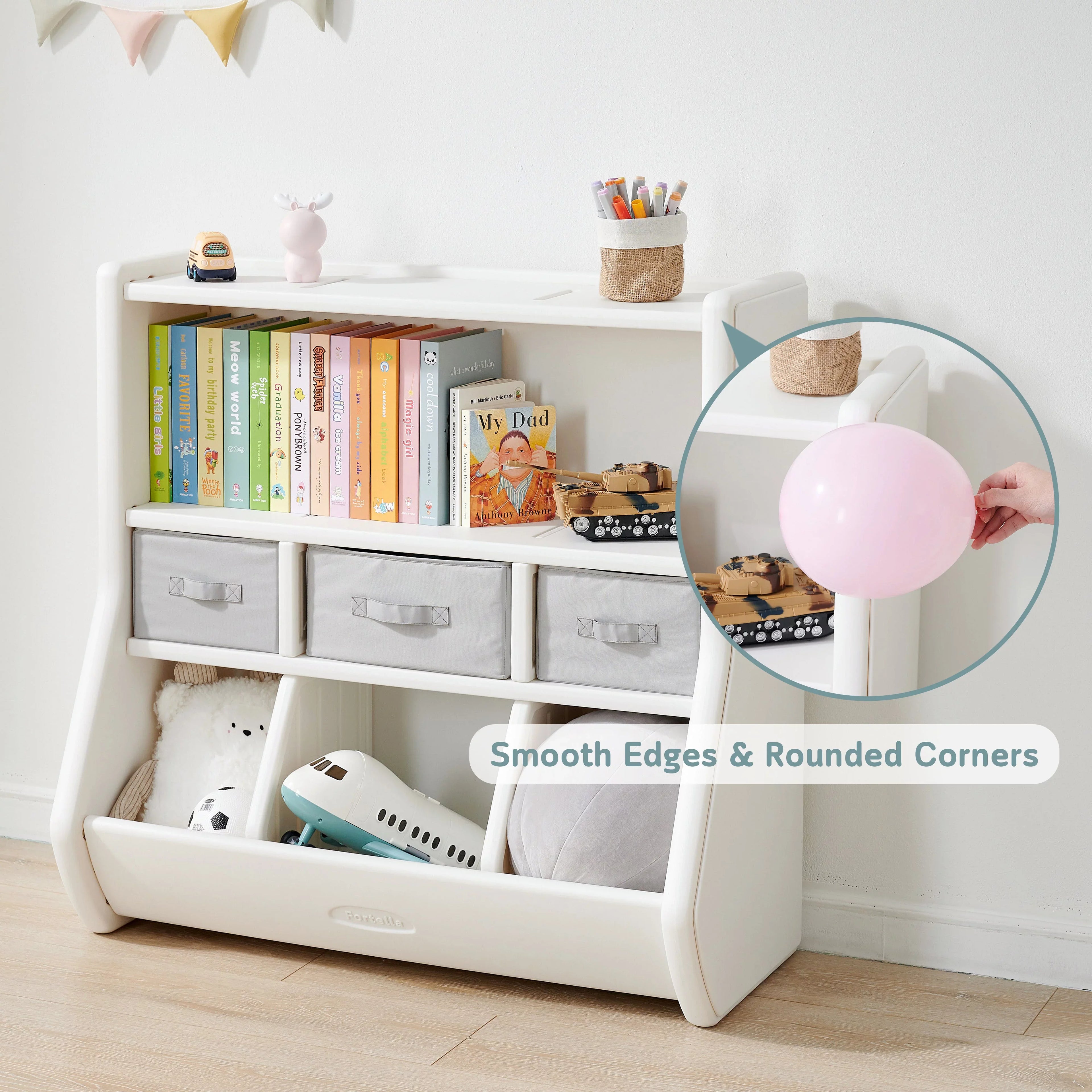 The Montessori Toy Storage Organizer by Fortella; with Bookshelf; Display Shelf; 3 Large Bins; and 3 Removable Drawers; Made of BPA and Formaldehyde FREE HDPE; Safe and Modern Toy Box Cabinet for Kids
