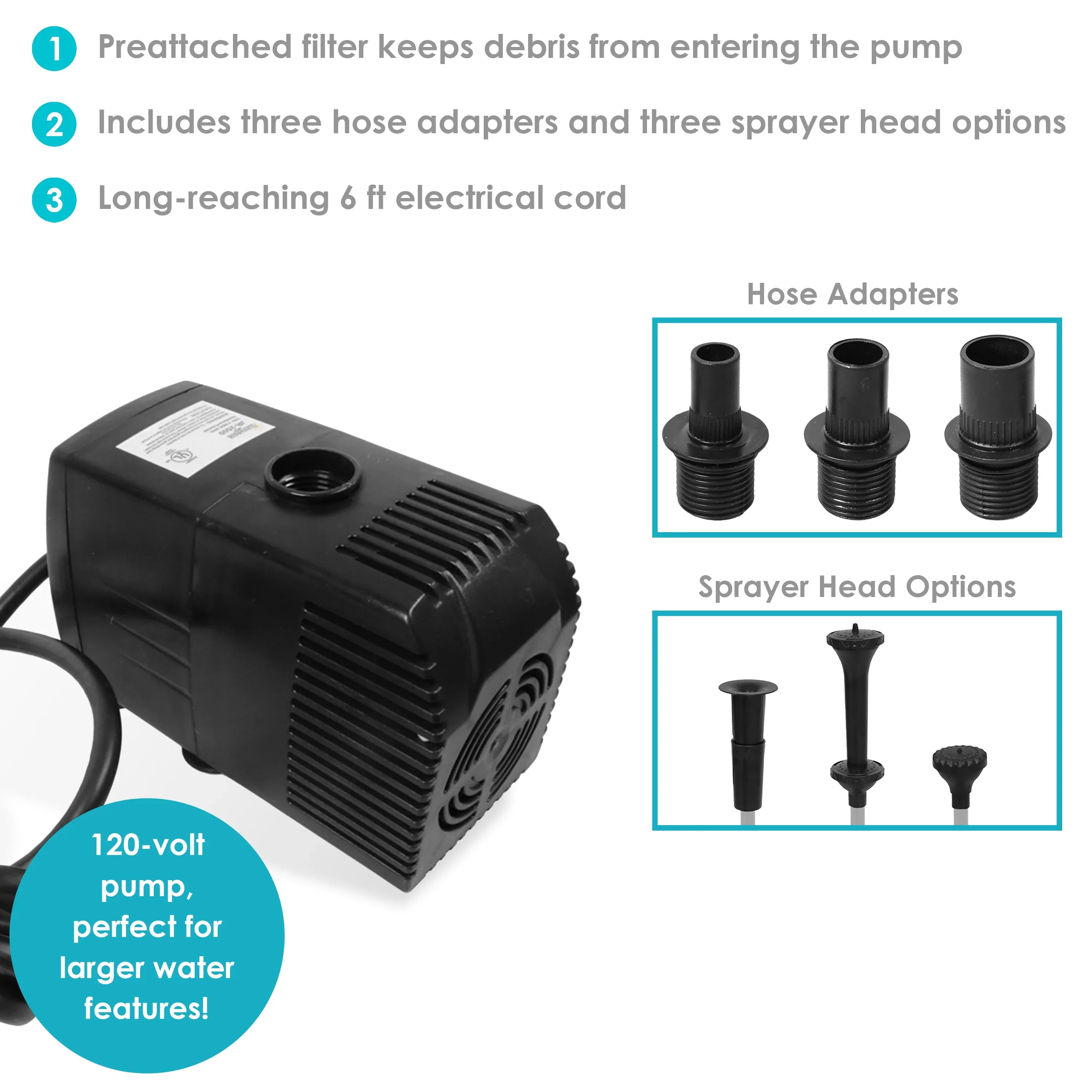 Sunnydaze Voltage-driven Pond Pump with Filter and 3 Heads Paint Heads - 120 Volts