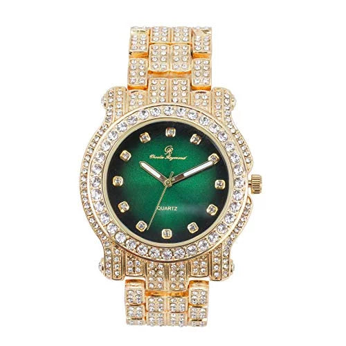 Bling-ed Out Silver Round Luxury Mens Watch w/Bling-ed Out Bracelet - (L0504DXB ZZ Gold Money Green)