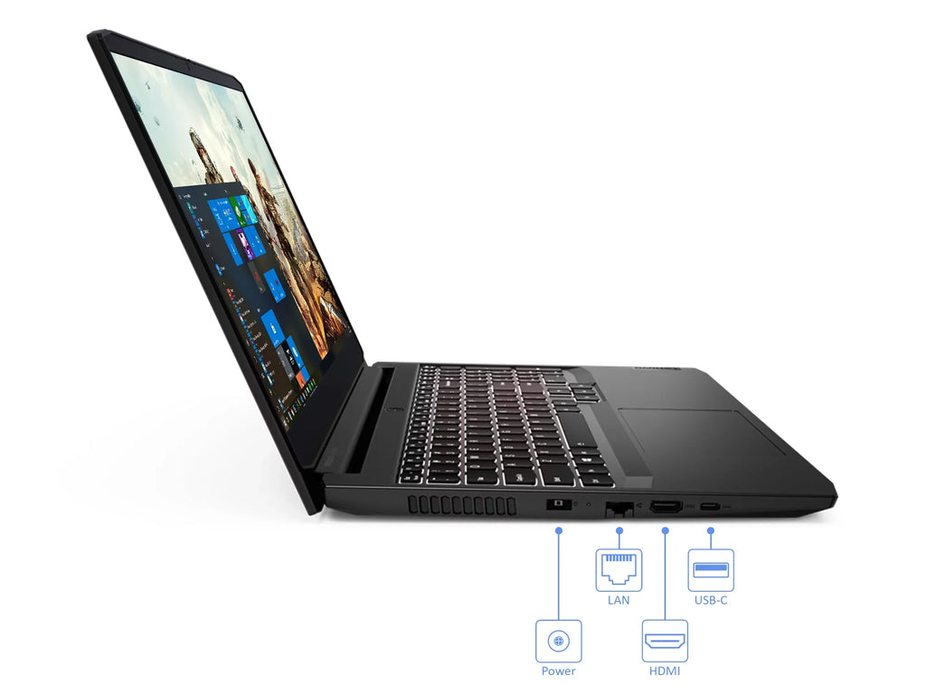 Lenovo IdeaPad 3 Gaming Laptop; 15.6" 120Hz FHD Display; AMD Ryzen 5 5600H Upto 4.2GHz; 8GB RAM; 512GB NVMe SSD; NVIDIA GeForce RTX 3050; HDMI; Wi-Fi; Bluetooth; Windows 10 Pro