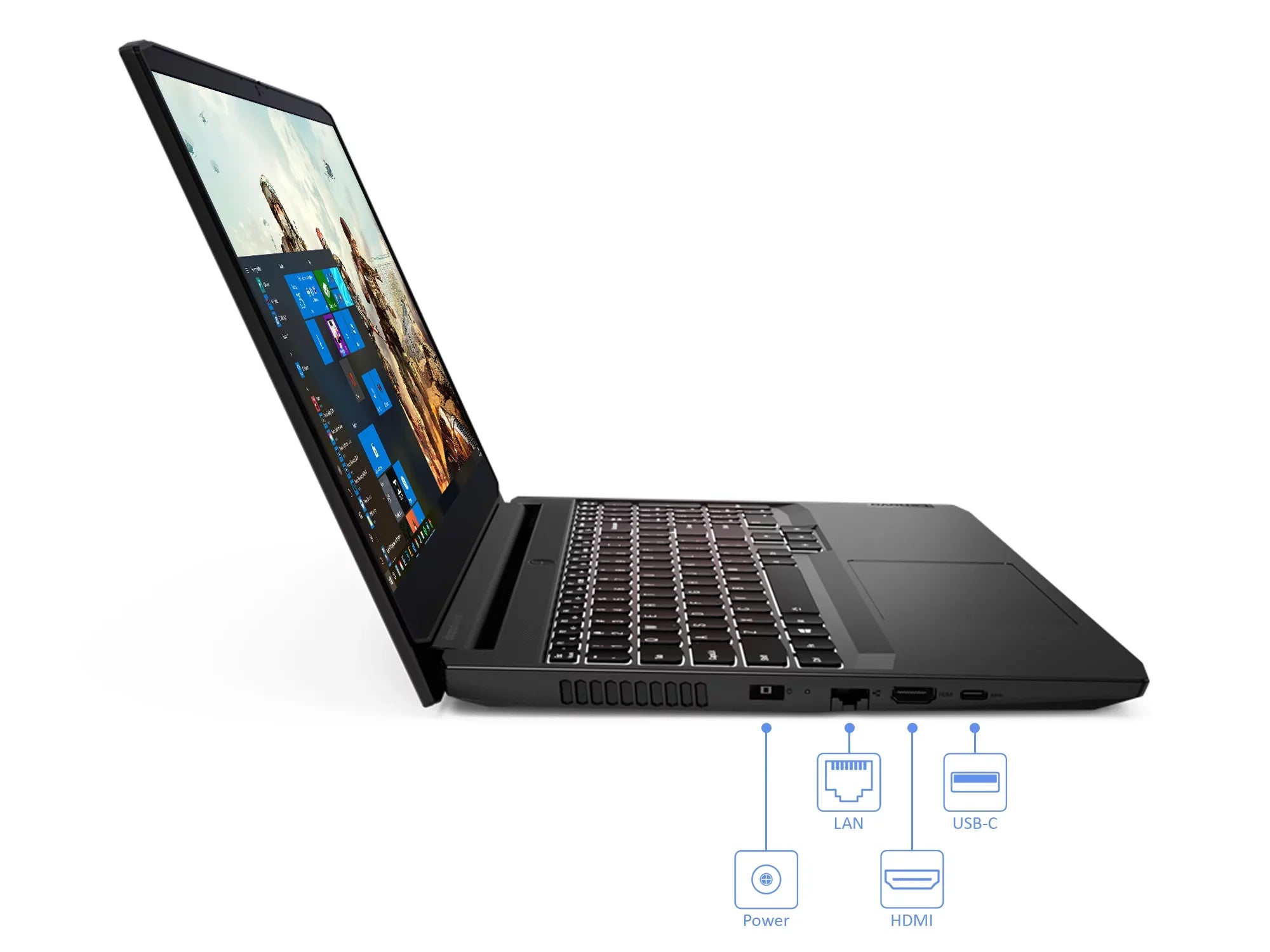 Lenovo IdeaPad 3 Gaming Laptop; 15.6" 120Hz FHD Display; AMD Ryzen 5 5600H Upto 4.2GHz; 8GB RAM; 512GB NVMe SSD; NVIDIA GeForce RTX 3050; HDMI; Wi-Fi; Bluetooth; Windows 10 Pro