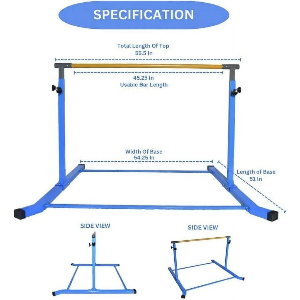 Adjustable Kids Gymnastics Kip Bar; 3-5 FT Height; Robust Legs; Blue - Junior Home Training Equipment