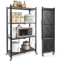 4-Tier Foldable Storage Shelf with Wheels - Metal Collapsible Shelving Unit Display; Rolling Cart for Books Kitchen Storage Shelves; Pantry & Closet Organizer; Office Room Decor - Black