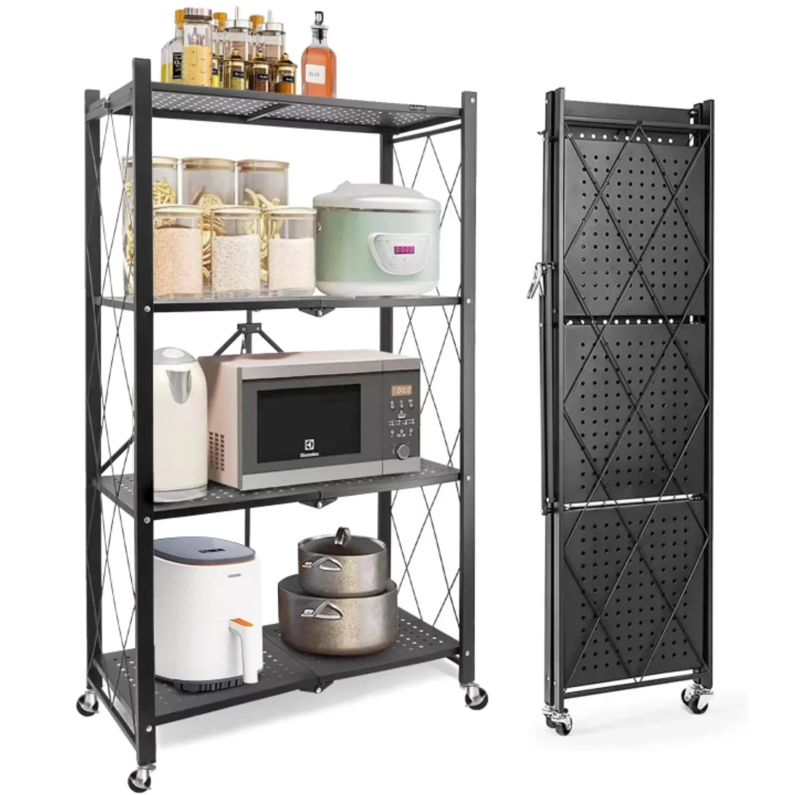 4-Tier Foldable Storage Shelf with Wheels - Metal Collapsible Shelving Unit Display; Rolling Cart for Books Kitchen Storage Shelves; Pantry & Closet Organizer; Office Room Decor - Black