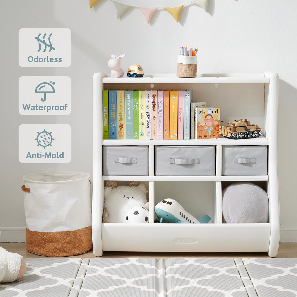 The Montessori Toy Storage Organizer by Fortella; with Bookshelf; Display Shelf; 3 Large Bins; and 3 Removable Drawers; Made of BPA and Formaldehyde FREE HDPE; Safe and Modern Toy Box Cabinet for Kids