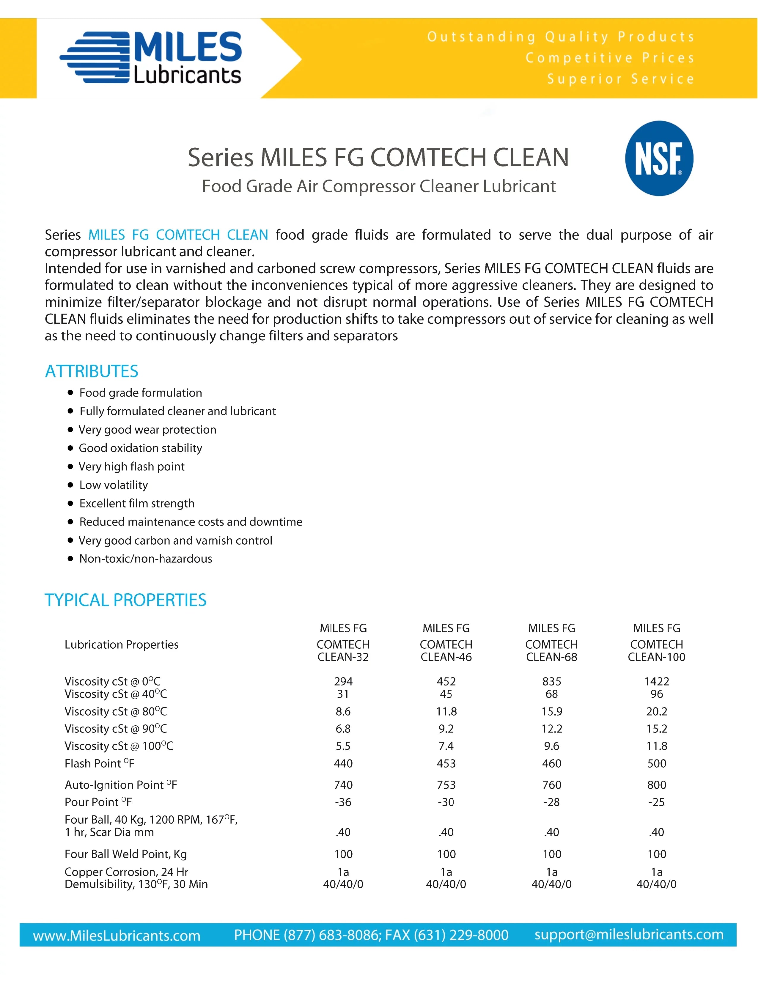 Miles Fg Comtech Clean ISO 100 Food Grade Synthetic Rotary Compressor Fluid 4*1 Gallon Case