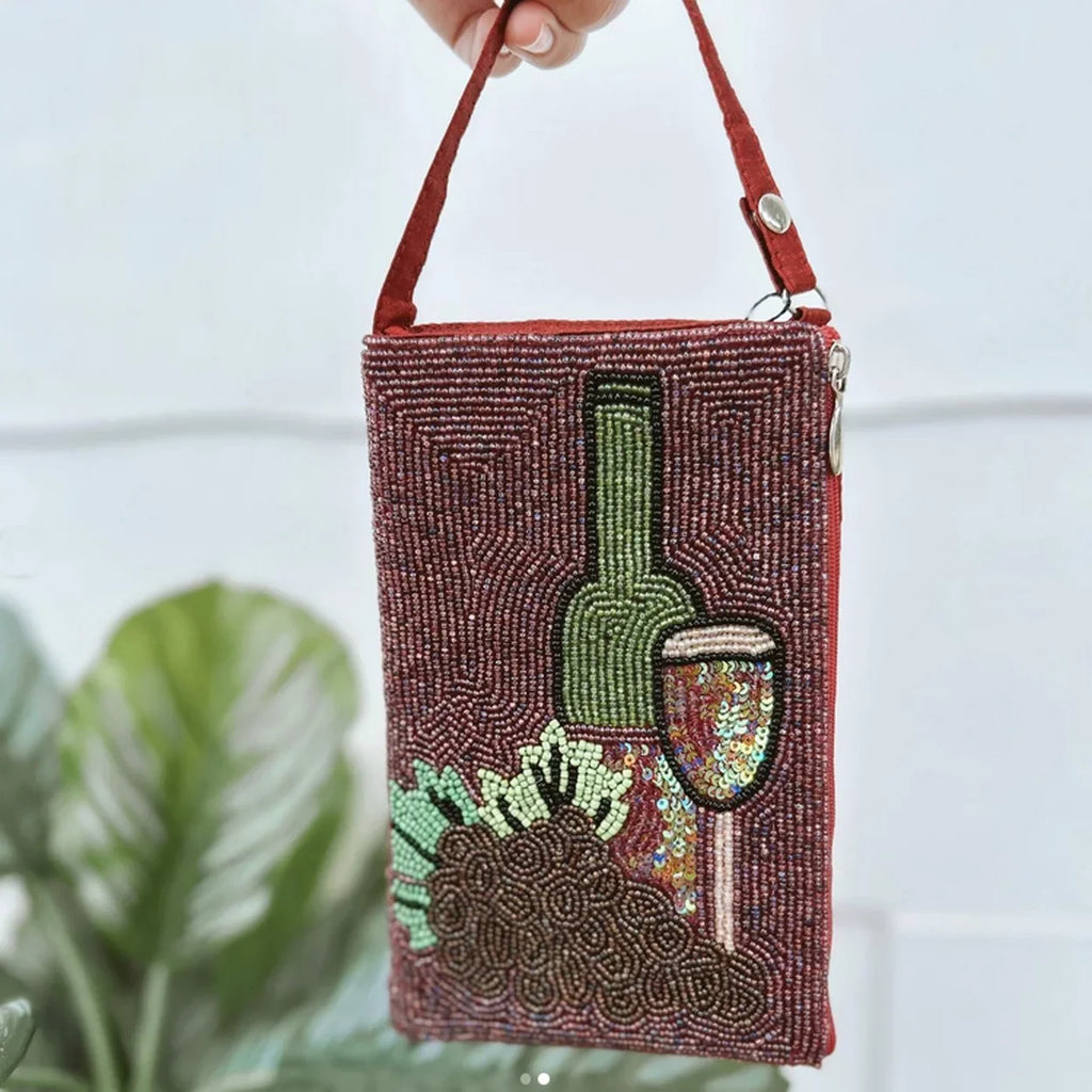 Red Wine Lovers Club Bag Beaded Phone Crossbody; Merlot