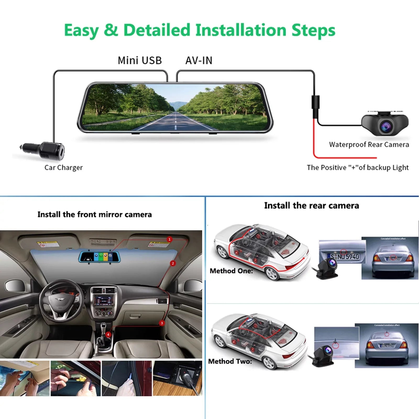 10" Touch Screen Mirror Dash Camera; 1080P Dual Dash Cam Kit Front and Rear View; Backup Camera for Cars; Super Night Vision; Motion Detection;Reversing Assistance; Loop Recording