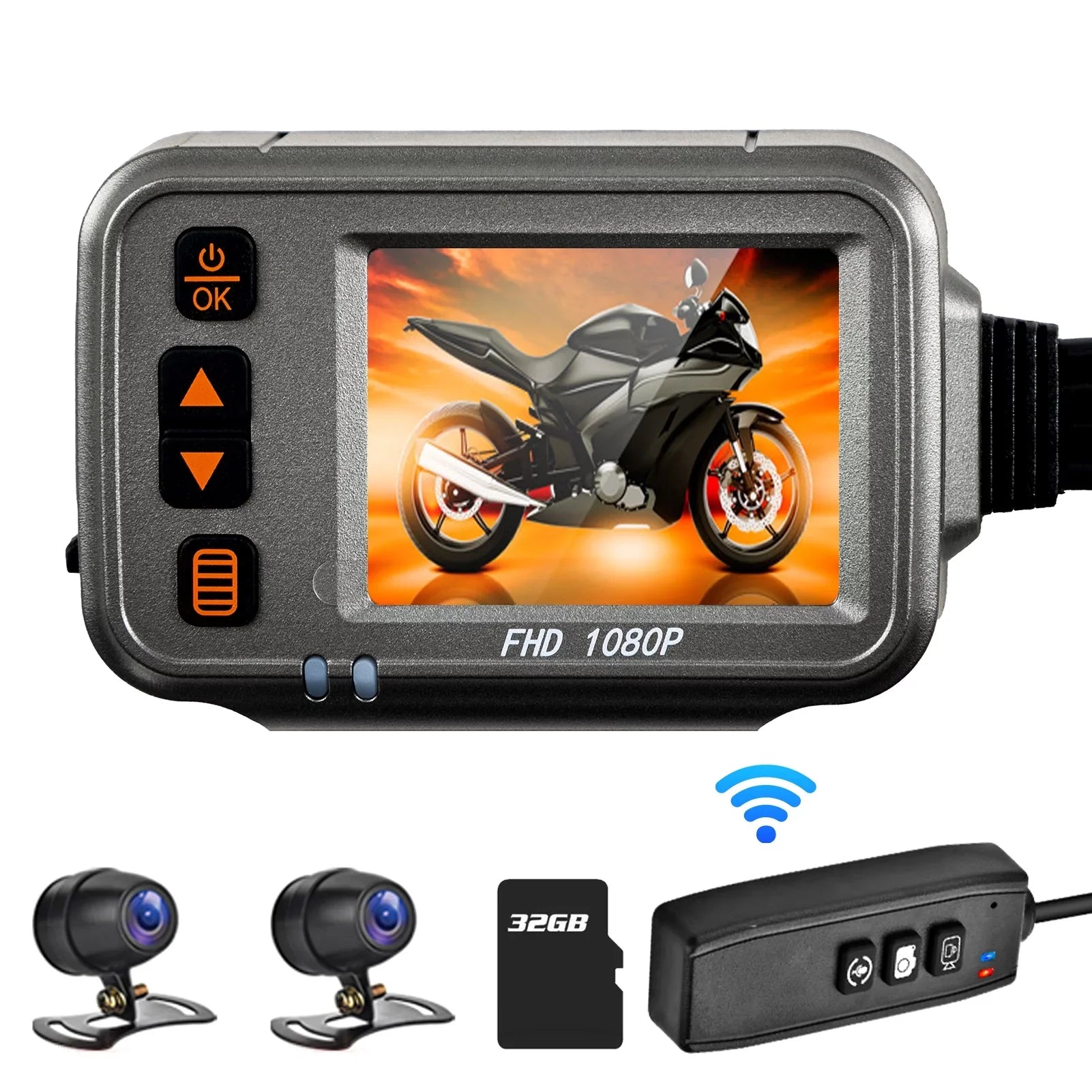 Docooler Motorcycle Dash Cam;WiFi Dual 1080p Motorbike Camera ;120° Wide Angle;Parking Monitoring; Timed Recording After Flameout Full Body Fluidproof Night Vision HD With 32G storage card