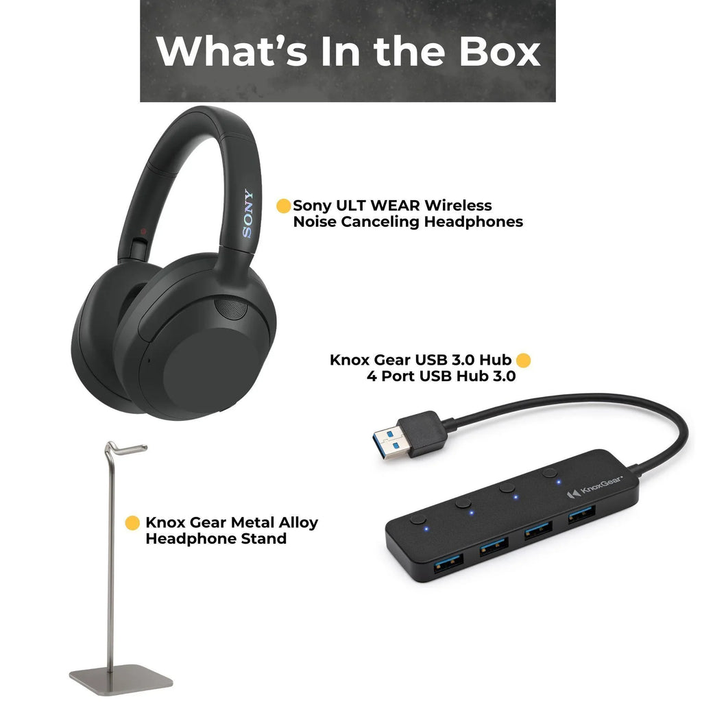 Sony WHULT900N-B ULT Noise Cancelling Headphones (Black) Bundle with Gear 4-Port USB 3.0 Hub; Gear Metal Alloy Headphone Stand (3 Items)