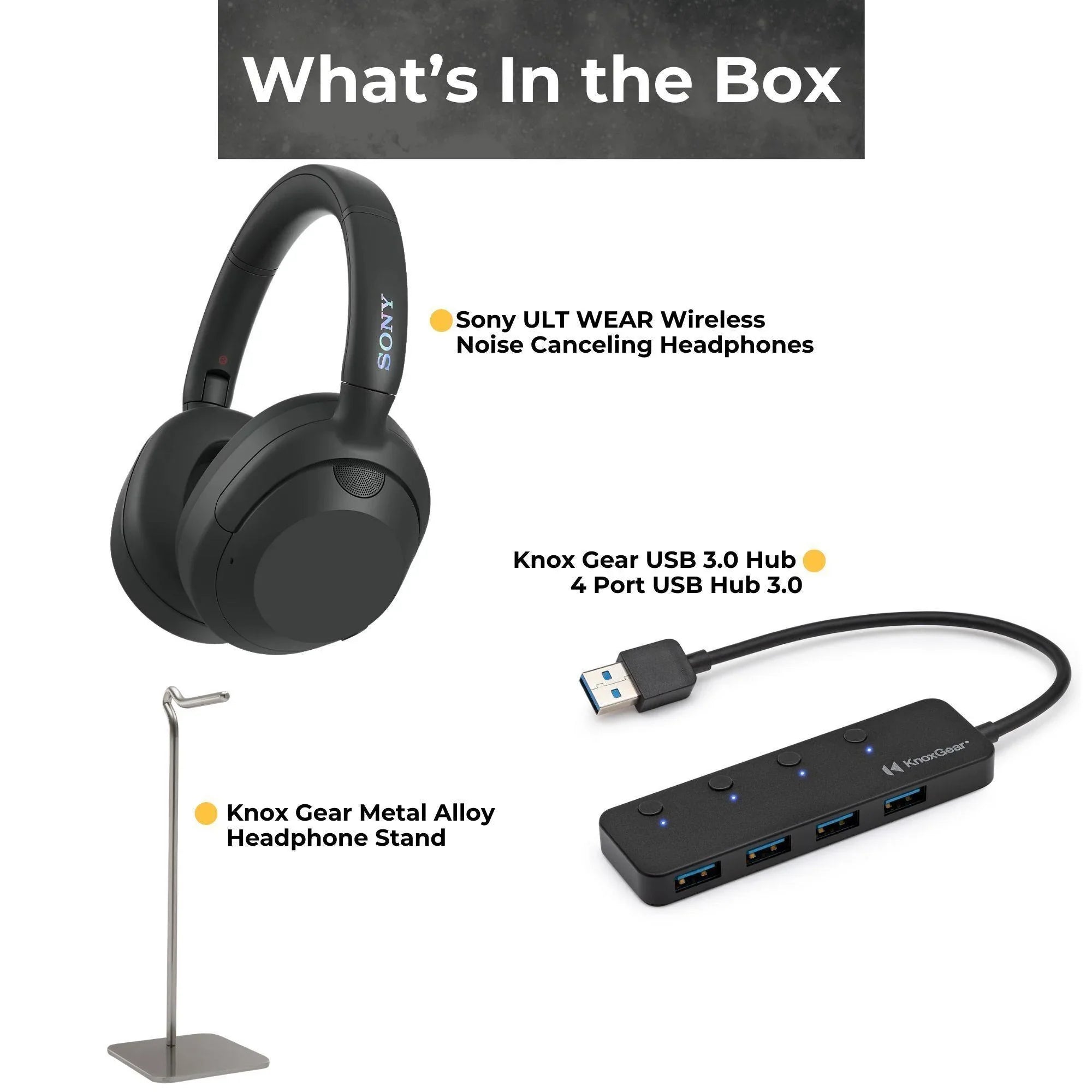 Sony WHULT900N-B ULT Noise Cancelling Headphones (Black) Bundle with Gear 4-Port USB 3.0 Hub; Gear Metal Alloy Headphone Stand (3 Items)
