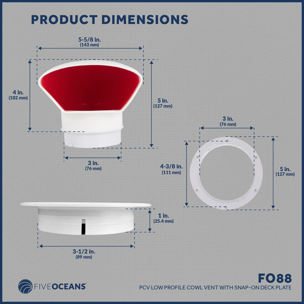Five Oceans 3-foot Cowl Vent with Snap-On Deck Plate and Cover; Low Profile UV-Resistant and Flexible ; Red Interior; for Air Intake or Cabin Ventilation- FO88