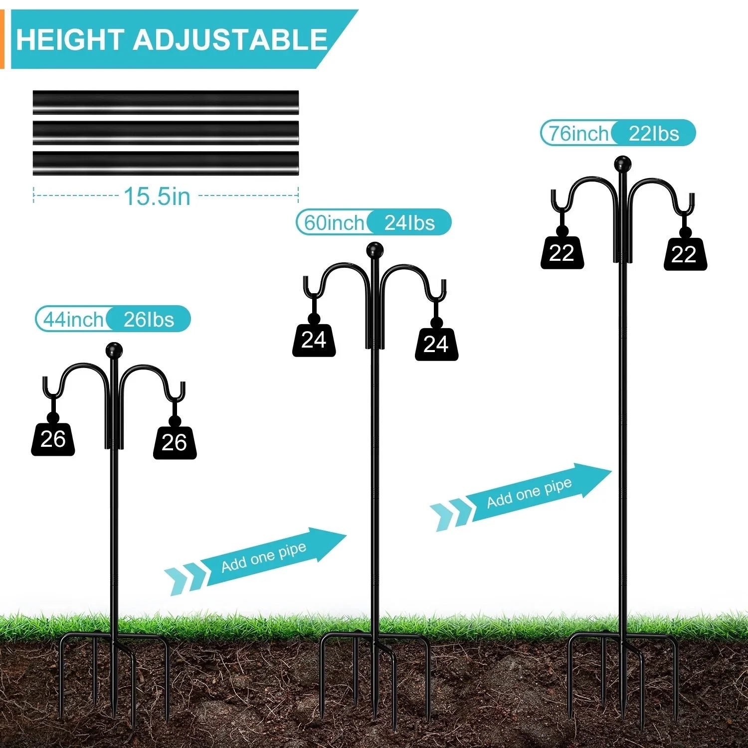 Shepherds Hooks for Outdoor; 76" Double Bird Feeder Poles with 5 Prongs; Upgraded Outdoor Plant Hanger Hooks for Bird Feeder; Plant Baskets(2 Pack)
