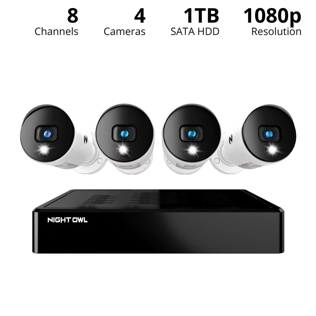 Night Owl Bluetooth 8 Channel DVR with 1TB Hard Drive; and 4 Wired 1080p HD Spotlight Security Cameras; Outdoor; HDMI Connector