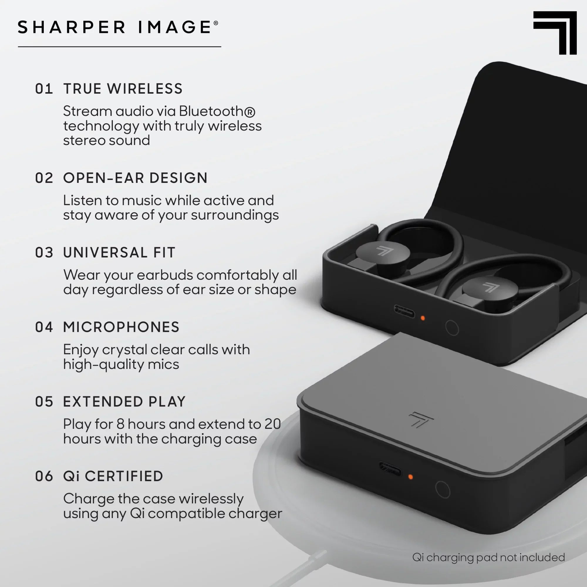 Sharper Image® SoundHaven® Sport True Wireless Bluetooth Earbuds with Qi Charging Case; Black
