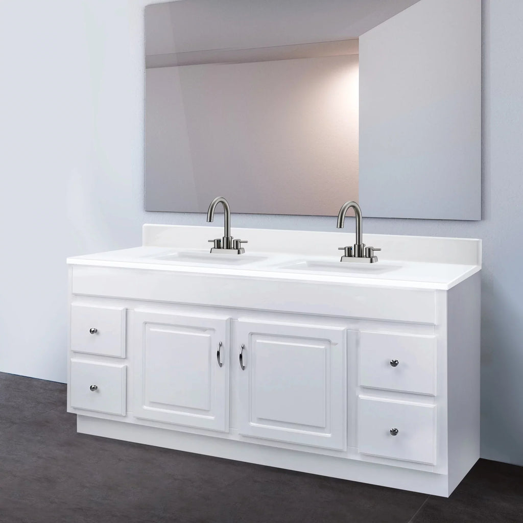 Design House 557678-WHT 61-inch Camilla Cultured Marble Centerset Mount Rectangle Double Bowl Vanity Top with Integrated Backsplash; Solid White
