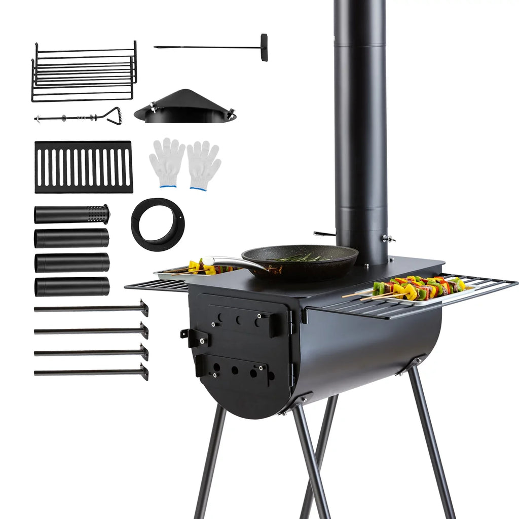 Portable Wood Stove Camping Hot Tent BBQ Stove 118 in for Outdoor w/ Hoses