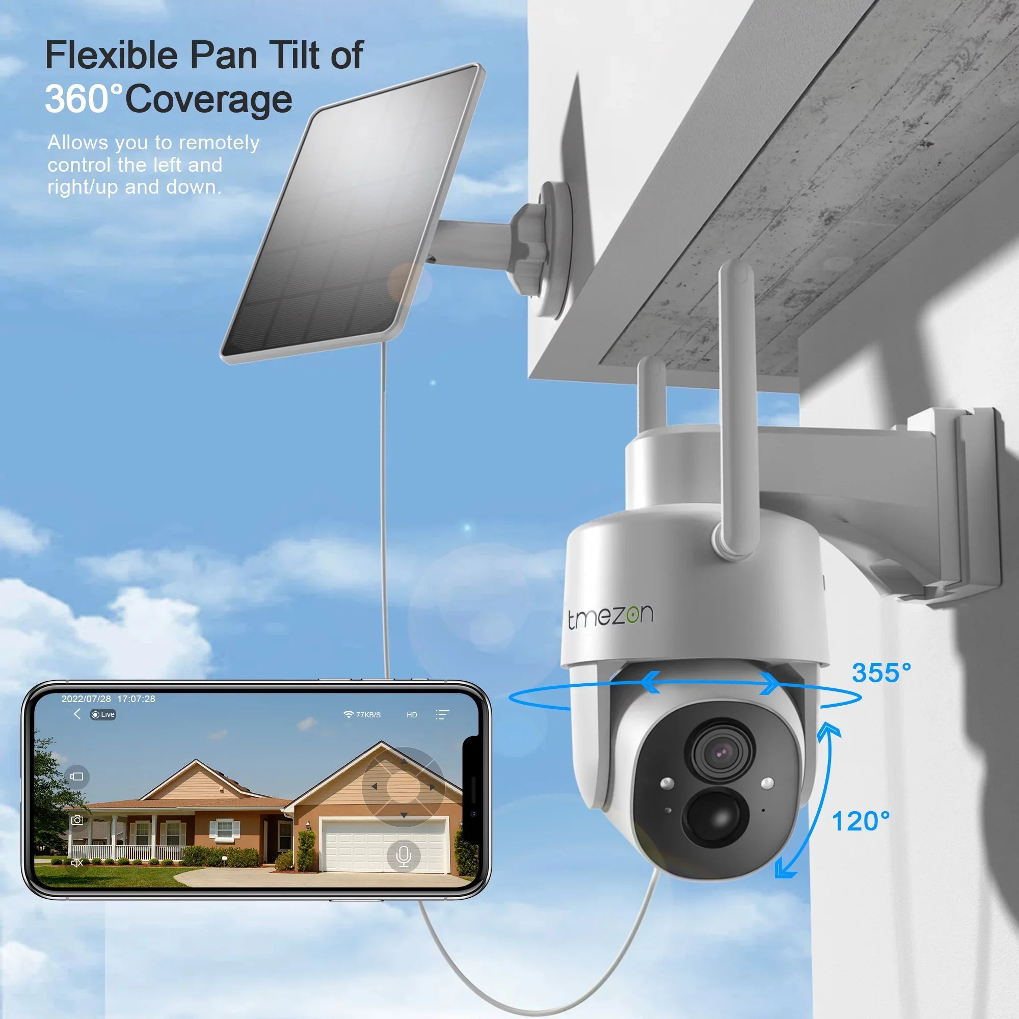 TMEZON Security Camera Outdoor Wireless; 2K Surveillance Camera Wireless Solor Powered for Smart Home ; PTZ WiFi Control; Night Vision;IP66 Liquidproof