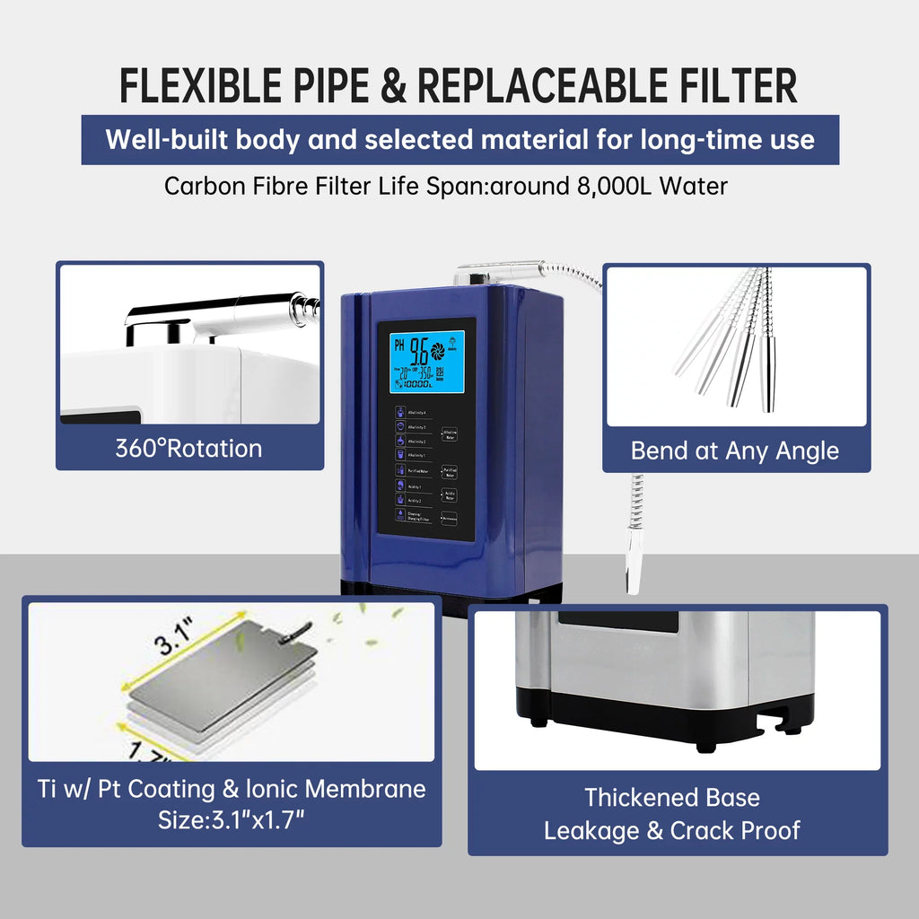 Alka Ionizer; Purifier System PH 3.5-10.5 Alkaline Acid System;Up to -500mV ORP; 8000 Liters Per Filter;7 Settings;Auto-Cleaning;Intelligent Voice (blue )