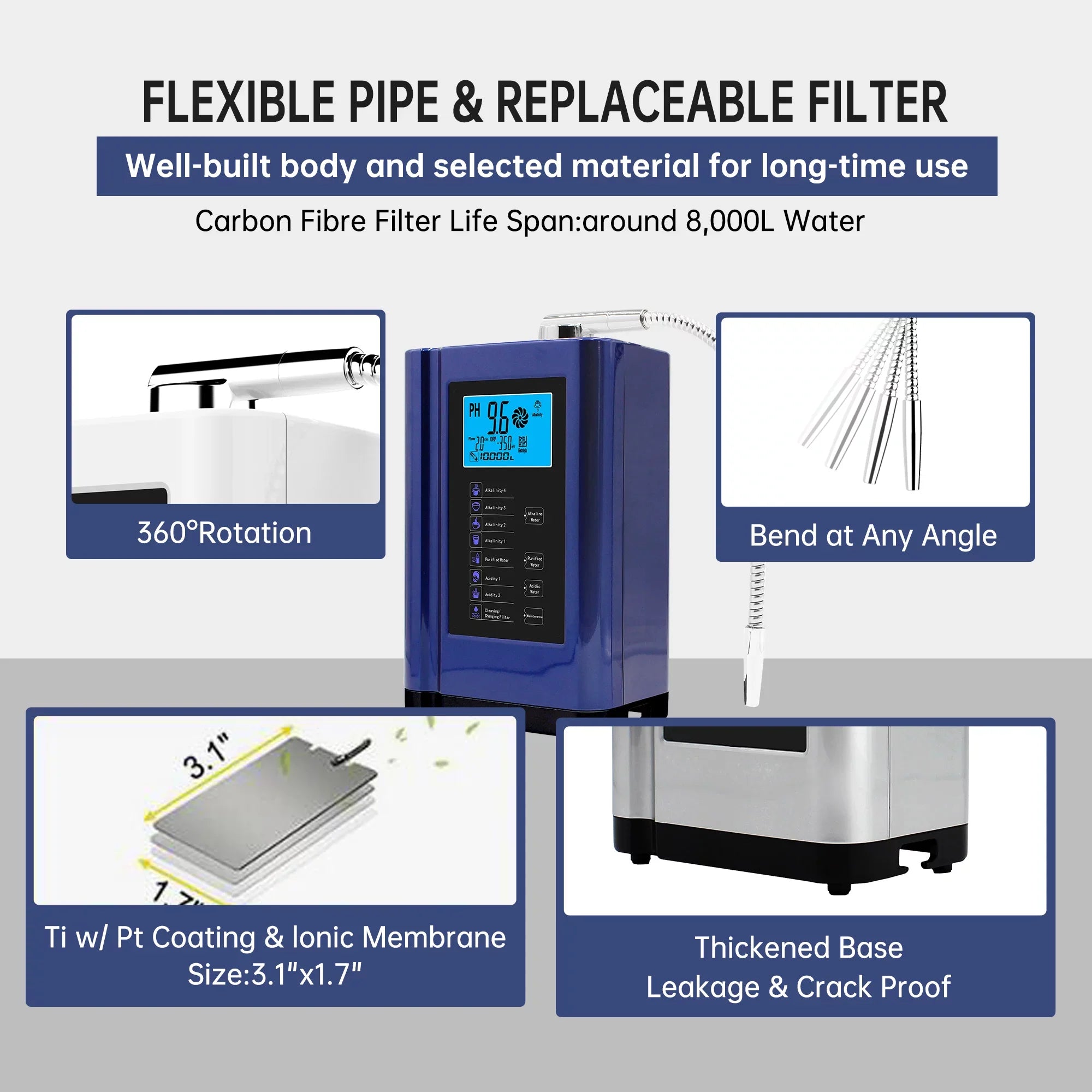 Alka Ionizer; Purifier System PH 3.5-10.5 Alkaline Acid System;Up to -500mV ORP; 8000 Liters Per Filter;7 Settings;Auto-Cleaning;Intelligent Voice (blue )