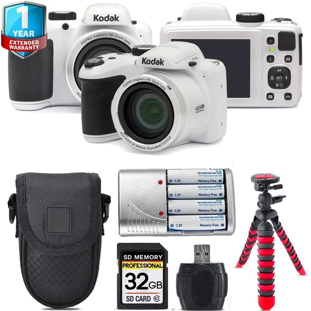 Kodak PIXPRO AZ401 Camera (White) + 1 Yr Warranty +Tripod + Case -32GB Kit
