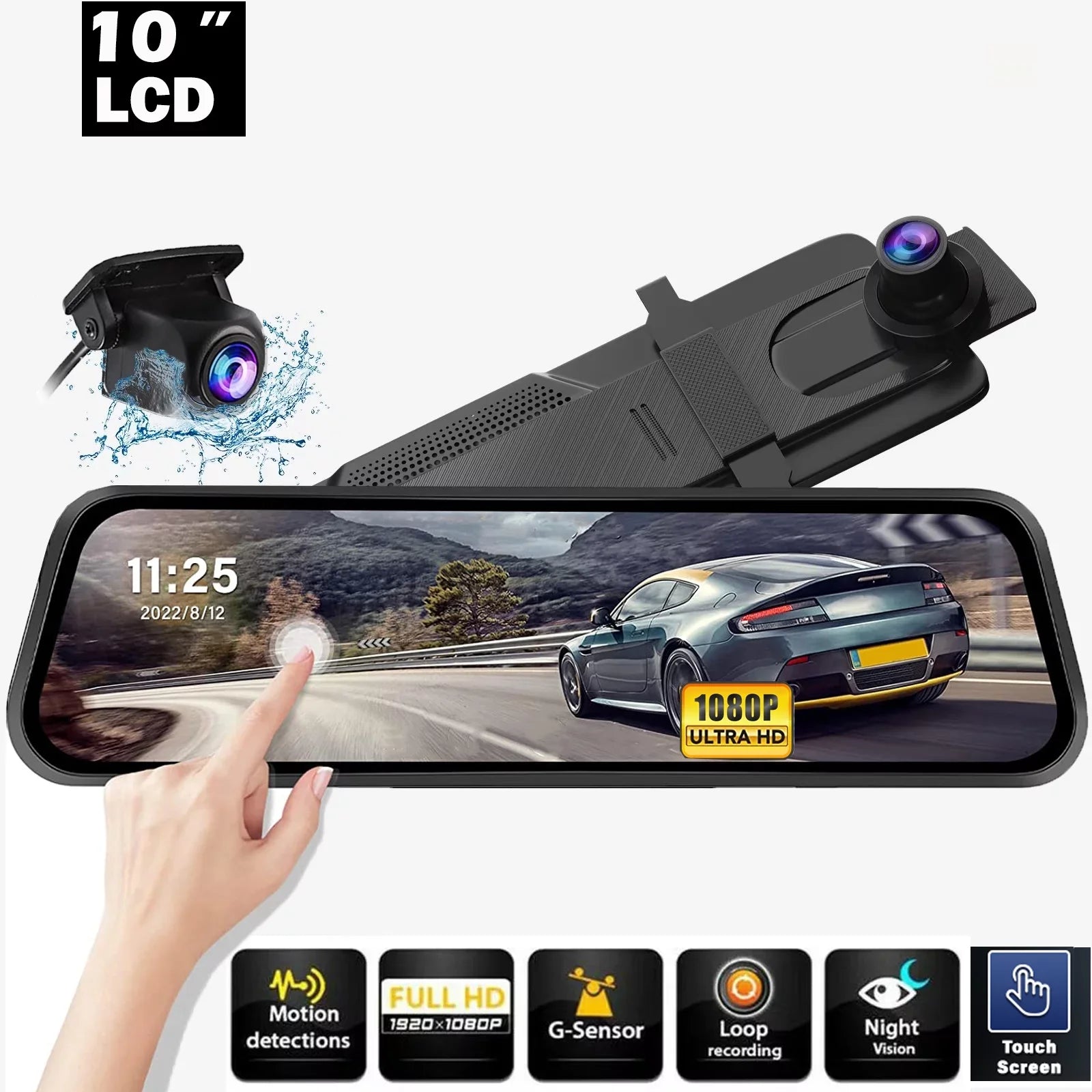 10" Touch Screen Mirror Dash Camera; 1080P Dual Dash Cam Kit Front and Rear View; Backup Camera for Cars; Super Night Vision; Motion Detection;Reversing Assistance; Loop Recording