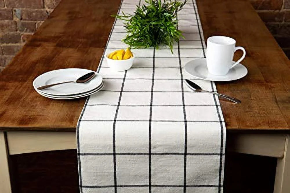 Sticky Toffee Table Runner Cotton Farmhouse Plaid 14 in x 72 in; Table Décor for Kitchen or Dining; Cream Cloth Woven Table Runners