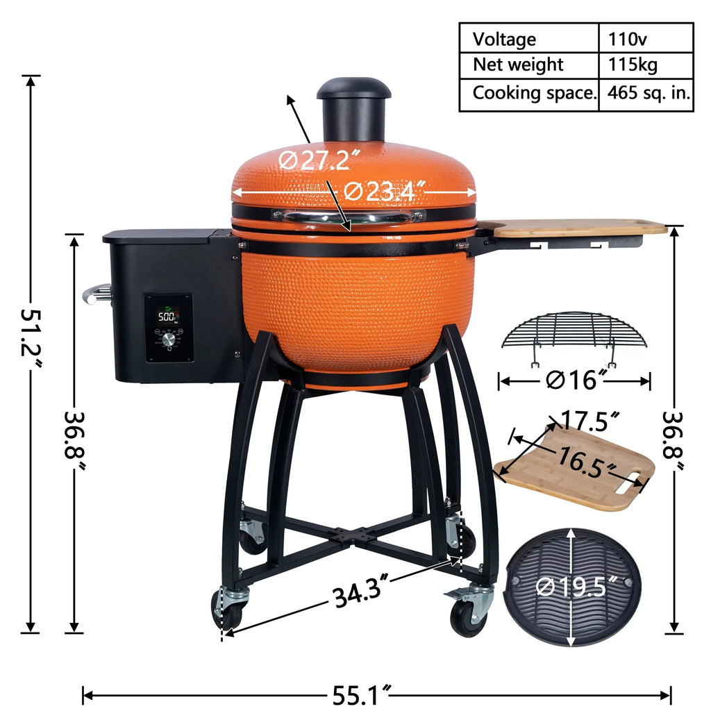 24 "Ceramic Pellet Grill with 19.6" diameter Gridiron Double Ceramic Liner 4-in-1 Smoked Roasted BBQ Pan-roasted for Outdoors Patio;Orange