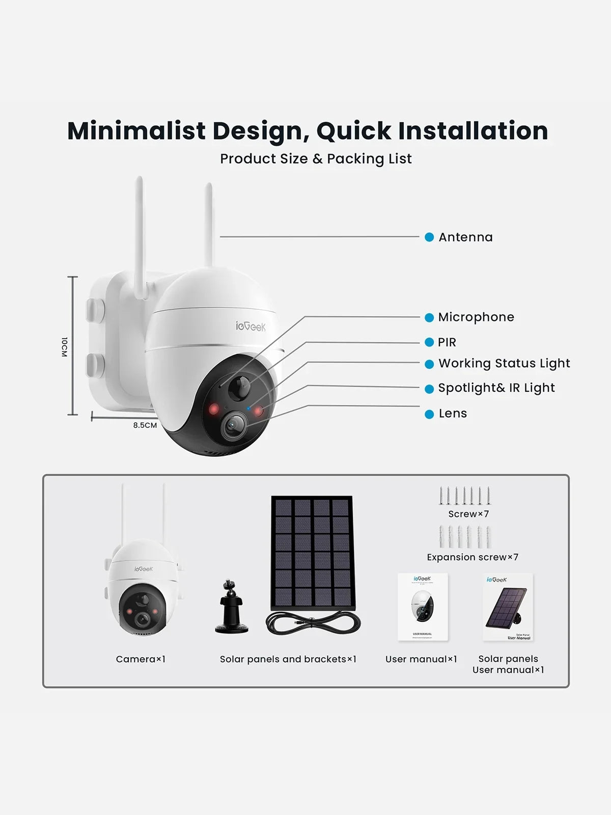 360° View PTZ Solar Security Cameras Wireless WiFi Outdoor; PIR Motion Detection; 2K/3MP Spotlight; Color Night Vision; Battery Powered Outdoor Solar Home Surveillance Camera; Work with Alexa