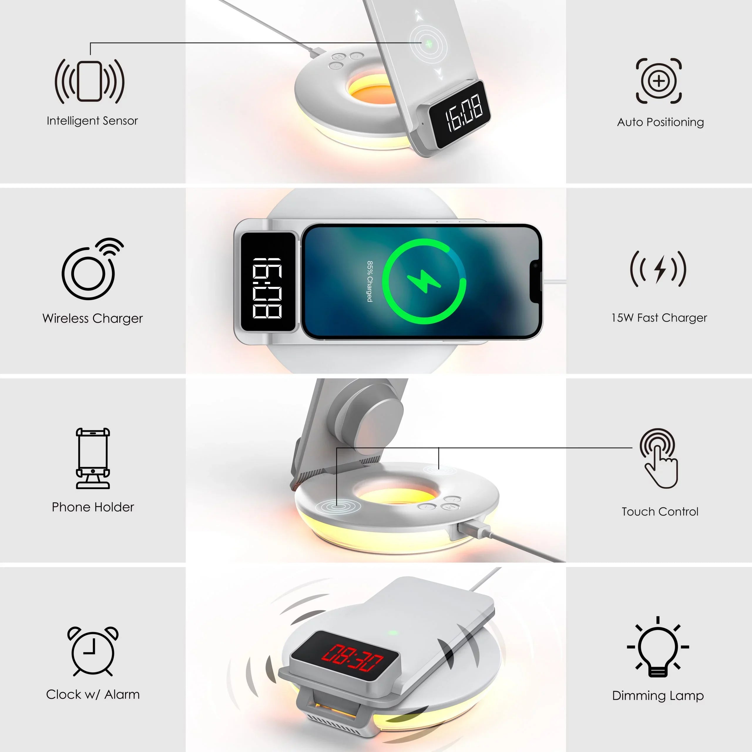 Rexing RS7 3-in-1 Wireless Charging Station; Touch Control; Table-Desk Lamps - White