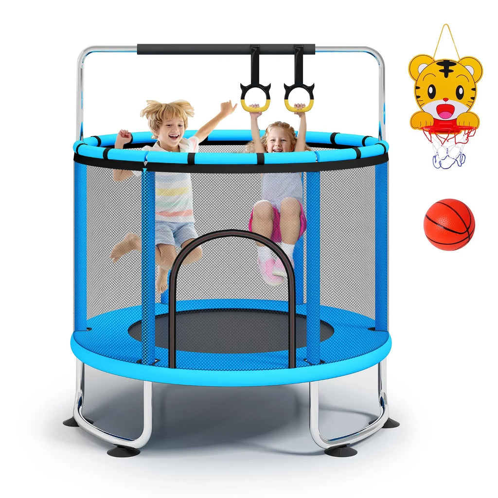 Fisca 55''Mini Trampoline for Kids; Toddler Trampoline with Basketball Hoop; Enclosure Net and Rings; Indoor Trampoline; 555lbs Load