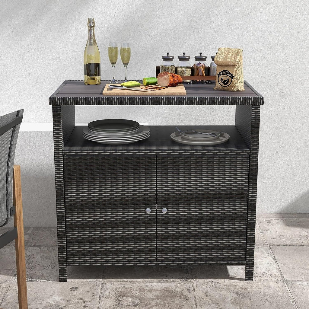 Indoor Outdoor 2-Door Wicker Storage Cabinet with Shelf; Powder Coated Steel; All Weather Resin Wicker; Dark Brown