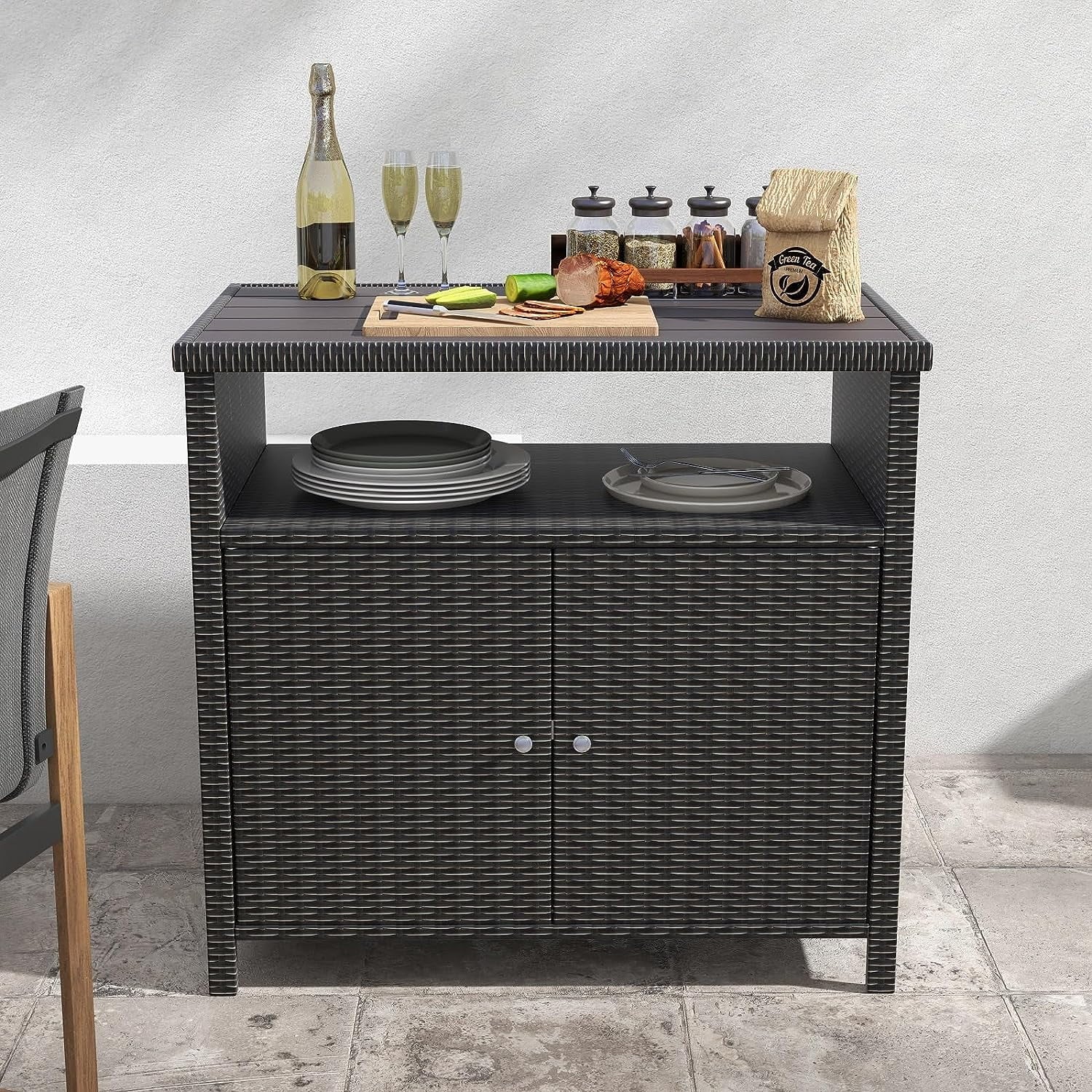 Indoor Outdoor 2-Door Wicker Storage Cabinet with Shelf; Powder Coated Steel; All Weather Resin Wicker; Dark Brown