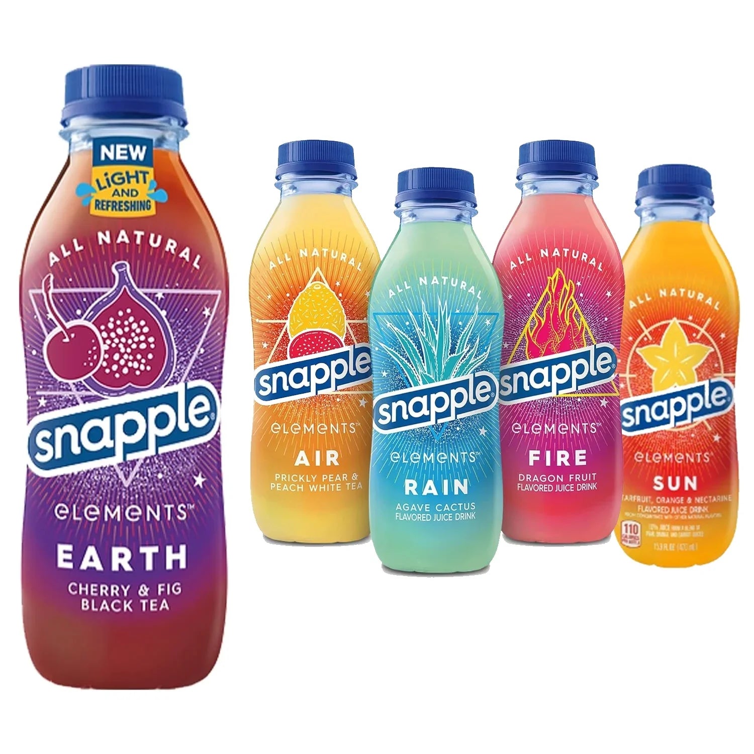 Snapple Elements Drink Variety Pack; (FIRE; RAIN; AIR; EARTH & SUN) 15.9 Fl Oz Recycled Plastic Bottle (Pack of 5: 1 of each flavor)