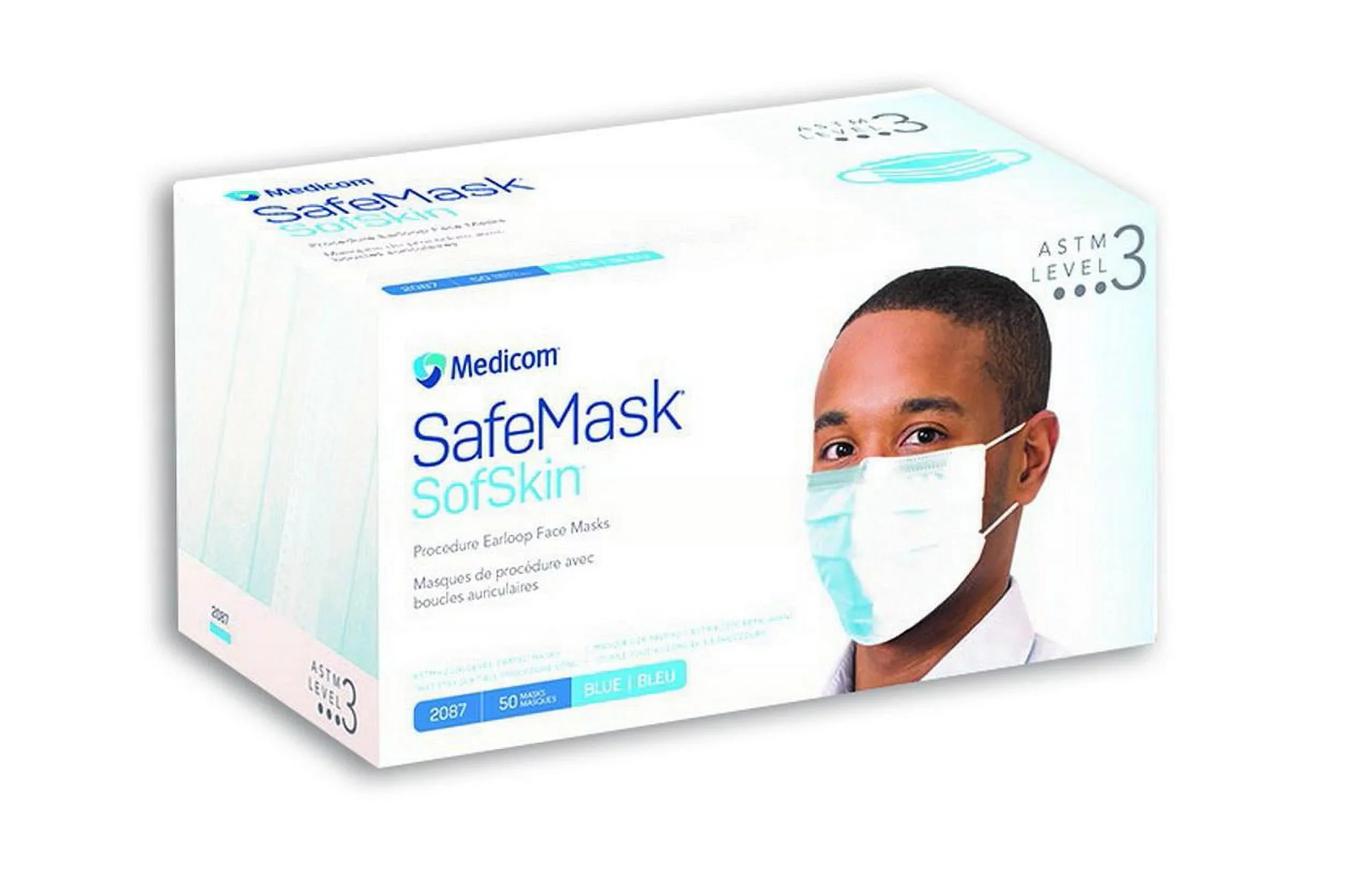 Medicom 2087 SafeMask SofSkin Earloop Face Masks ASTM Level 3 Blue 50/Bx