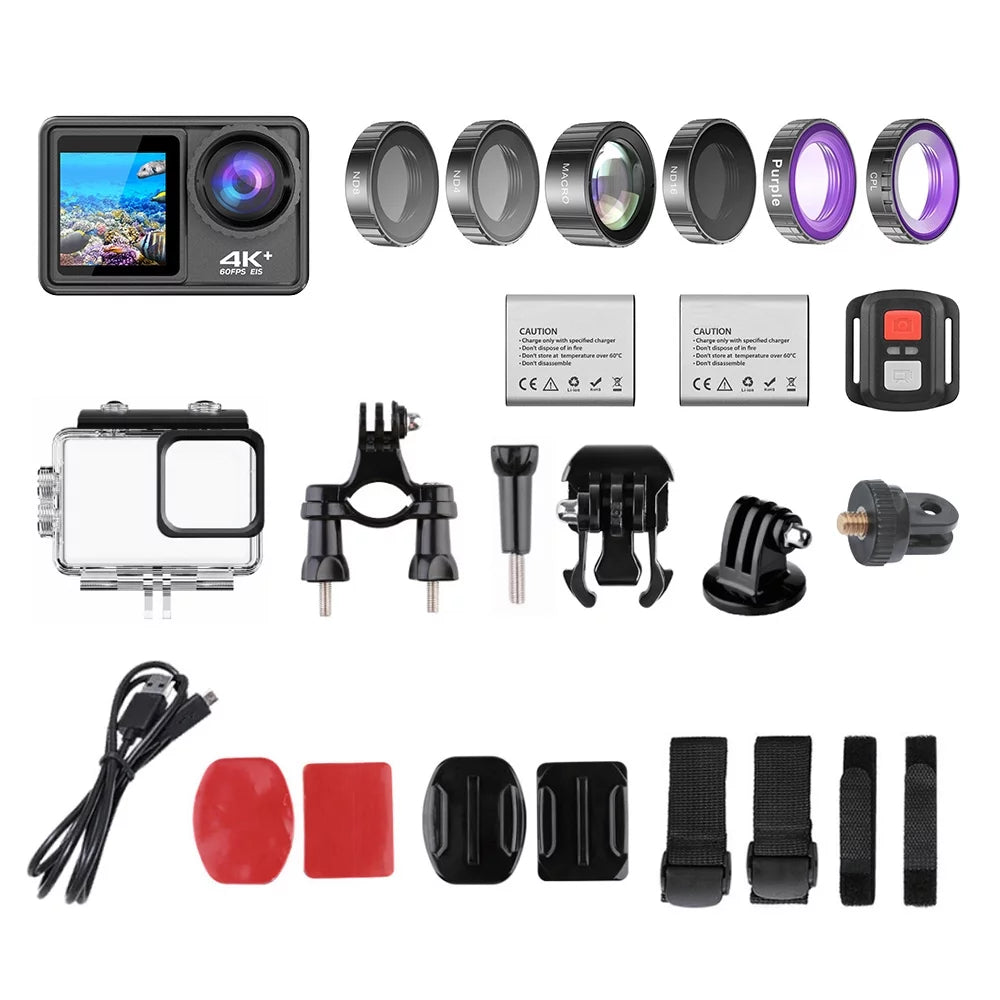 4K 24MP Dual Screen Sport Camera DV Camcorder 2.0 foot Screen 170° Wide Angle EIS 40m Liquidproof WiFi with Macro CPL ND4 8 16 Purple Lens for Outdoor Sports