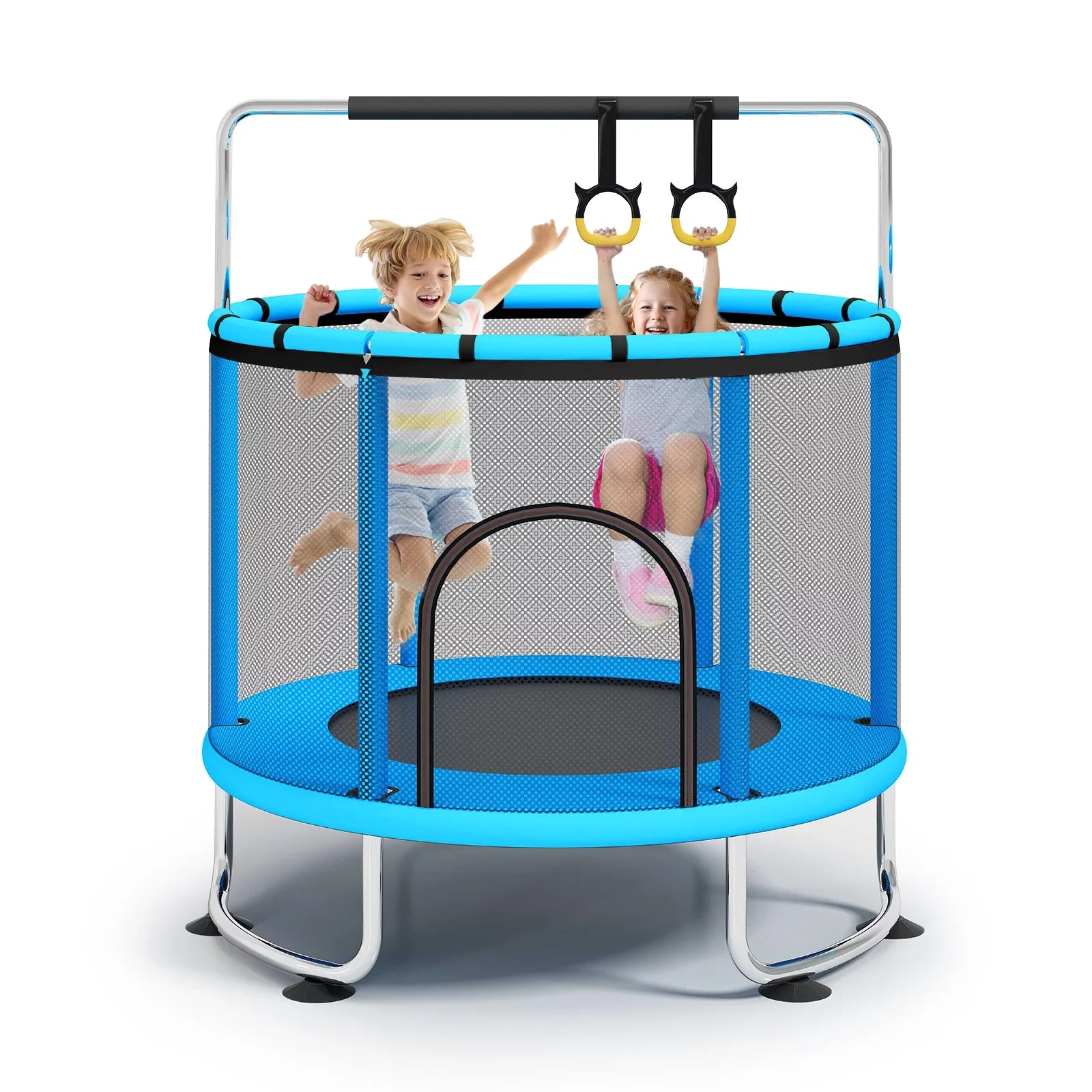 Fisca 55''Mini Trampoline for Kids; Toddler Trampoline with Basketball Hoop; Enclosure Net and Rings; Indoor Trampoline; 555lbs Load