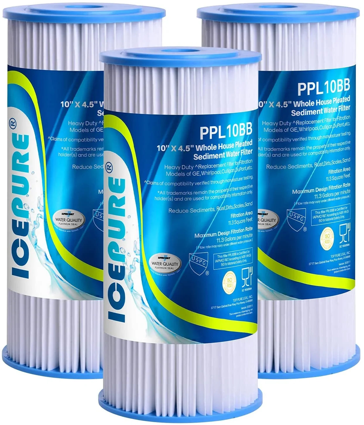 10" x 4.5" Whole House Pleated Sediment Filter Replacement for GE FXHSC; Culligan R50-BBSA; Pentek R50-BB; DuPont WFHDC3001; W50PEHD; GXWH40L; GXWH35F; for Well ; Pack of 3