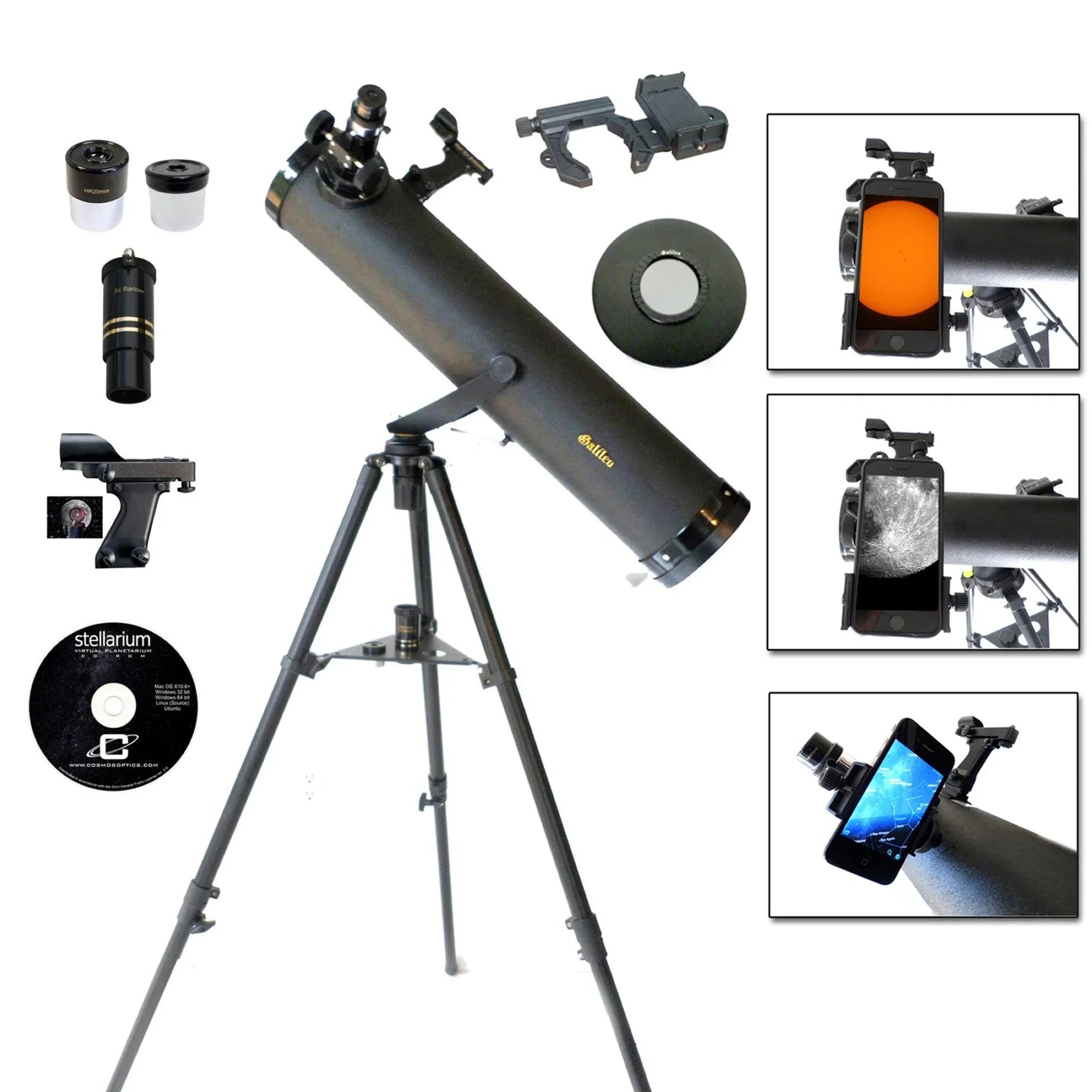 Galileo 800mm x 95mm Astronomical telescope kit with Smartphone Adapter and Solar Filter Cap