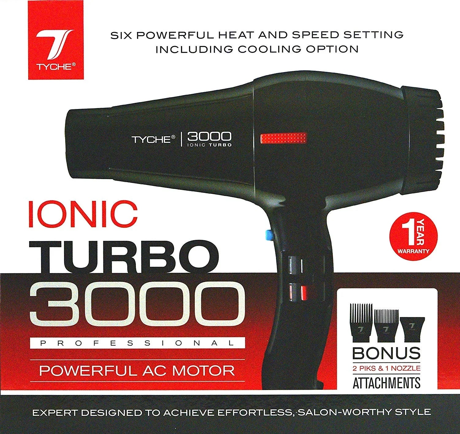 Tyche Turbo 3000 Black Professional Ionic Ceramic Tech Hair Dryer (1 Year Warranty) Dries Hair Fast Negative Ions; Infrared Hair Shine Electromagnetic Radiation Heat & Air Distribution Power