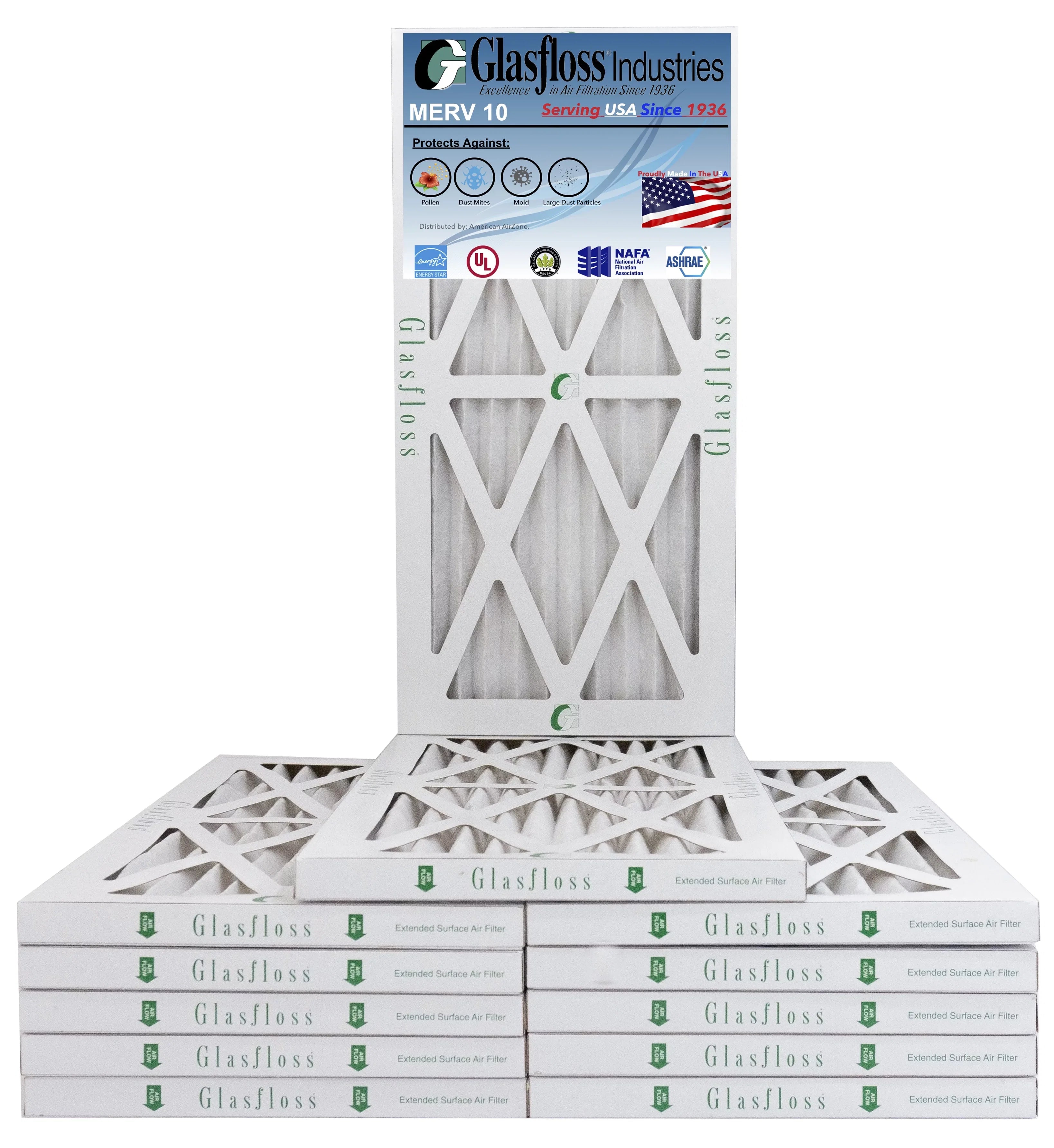 Glasfloss 13x18x1 - MERV 10 -Qty:12 - Furnace Air Filter - Made in USA (Actual Size: 12.5 x 17.5x7/8 inch)