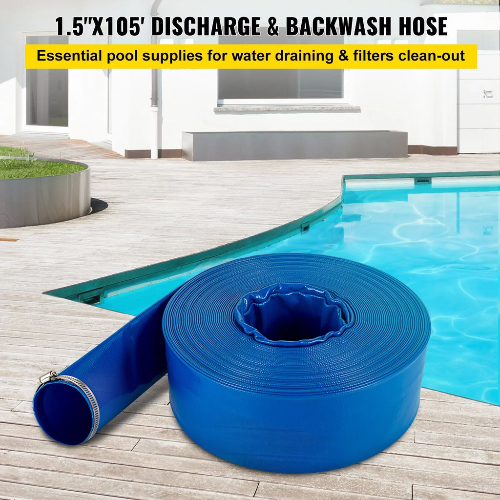 VEVOR Discharge Hose; 1-12" x 105'; Fabric Lay Flat Hose; Heavy Duty Backwash Drain Hose with Clamps; Weather-proof & Burst-proof; Ideal for Swimming Pool & Transfer; Blue